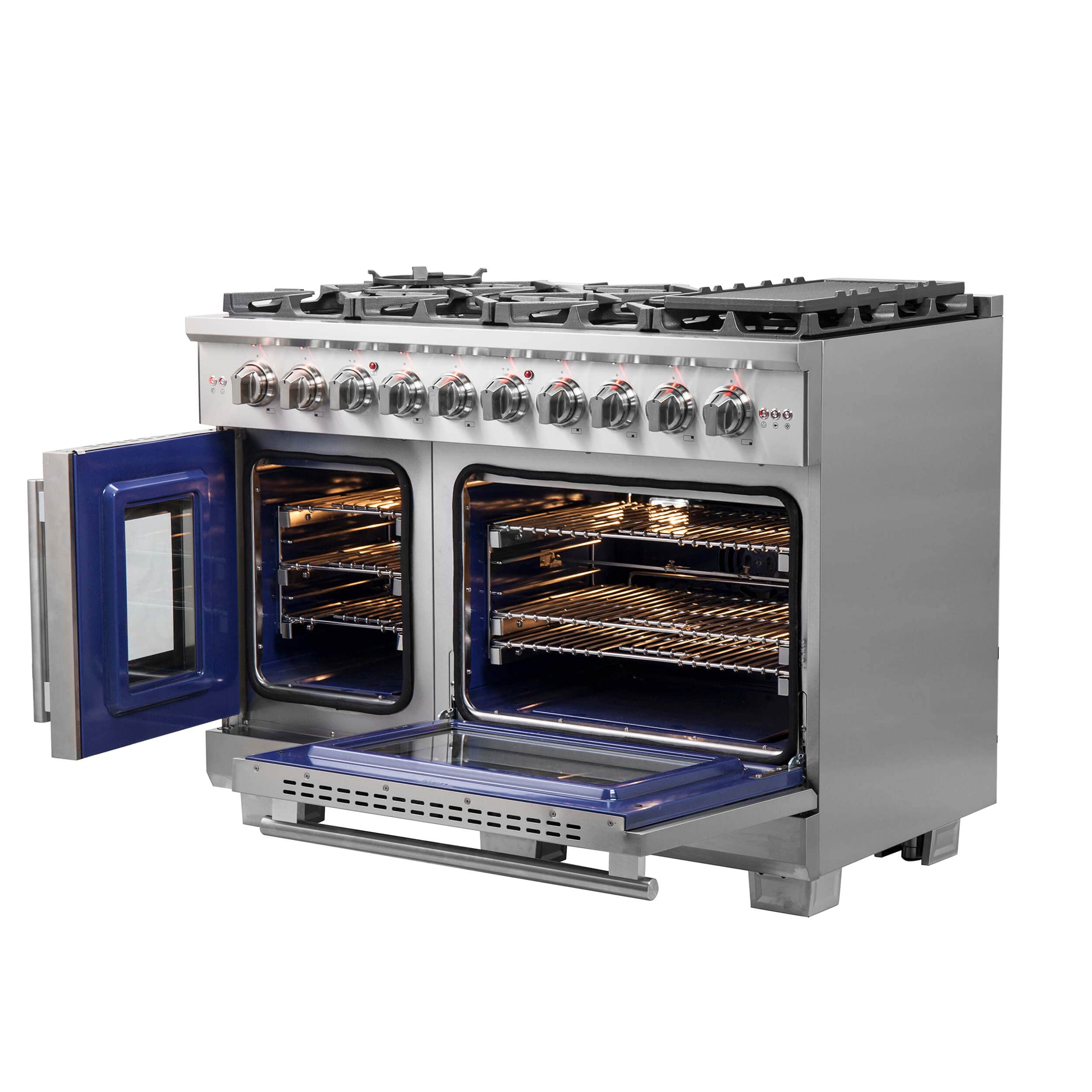 Stainless dual fuel range with both oven doors open and illuminated oven interiors.