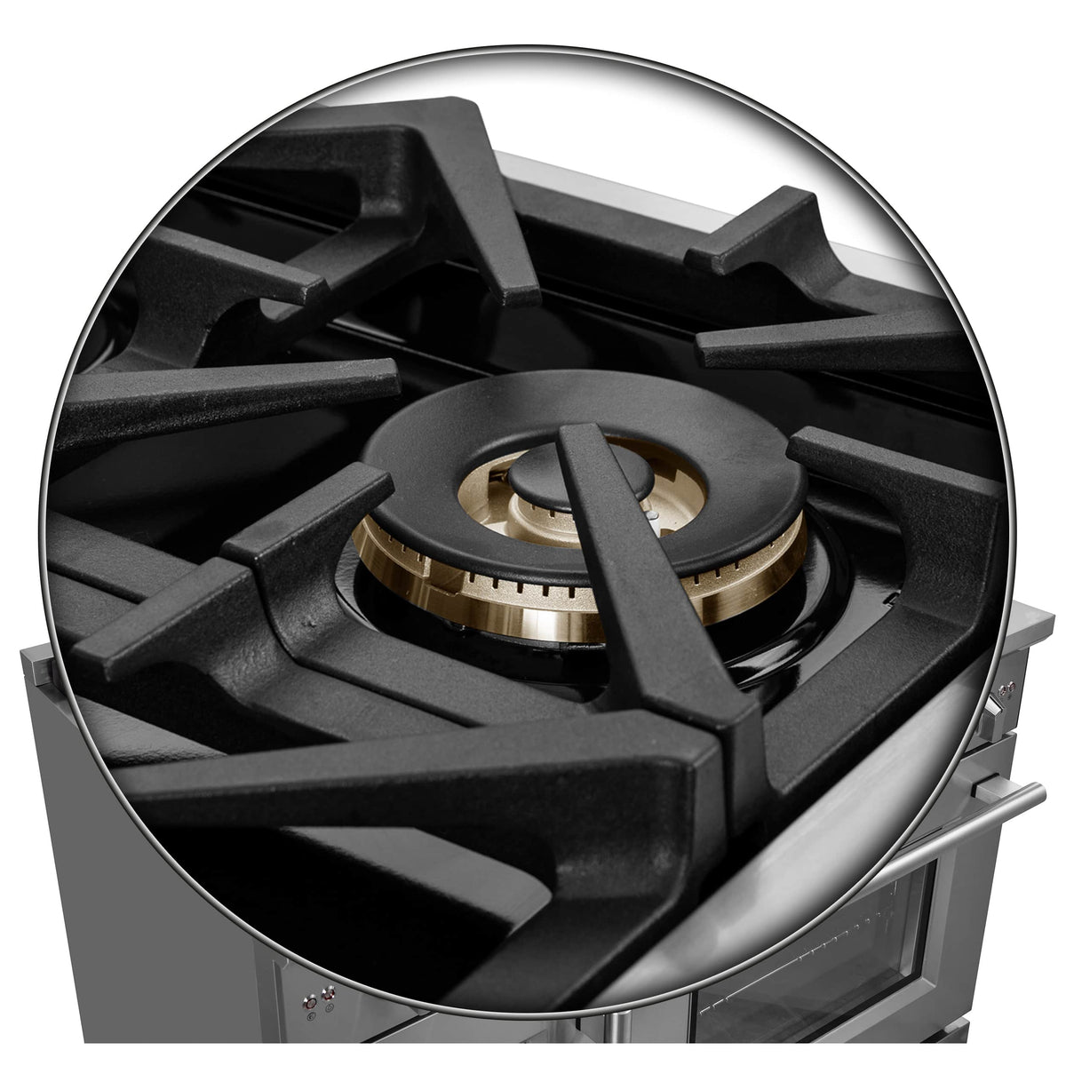 Stainless steel gas range single burner with black grate and brass-toned ring