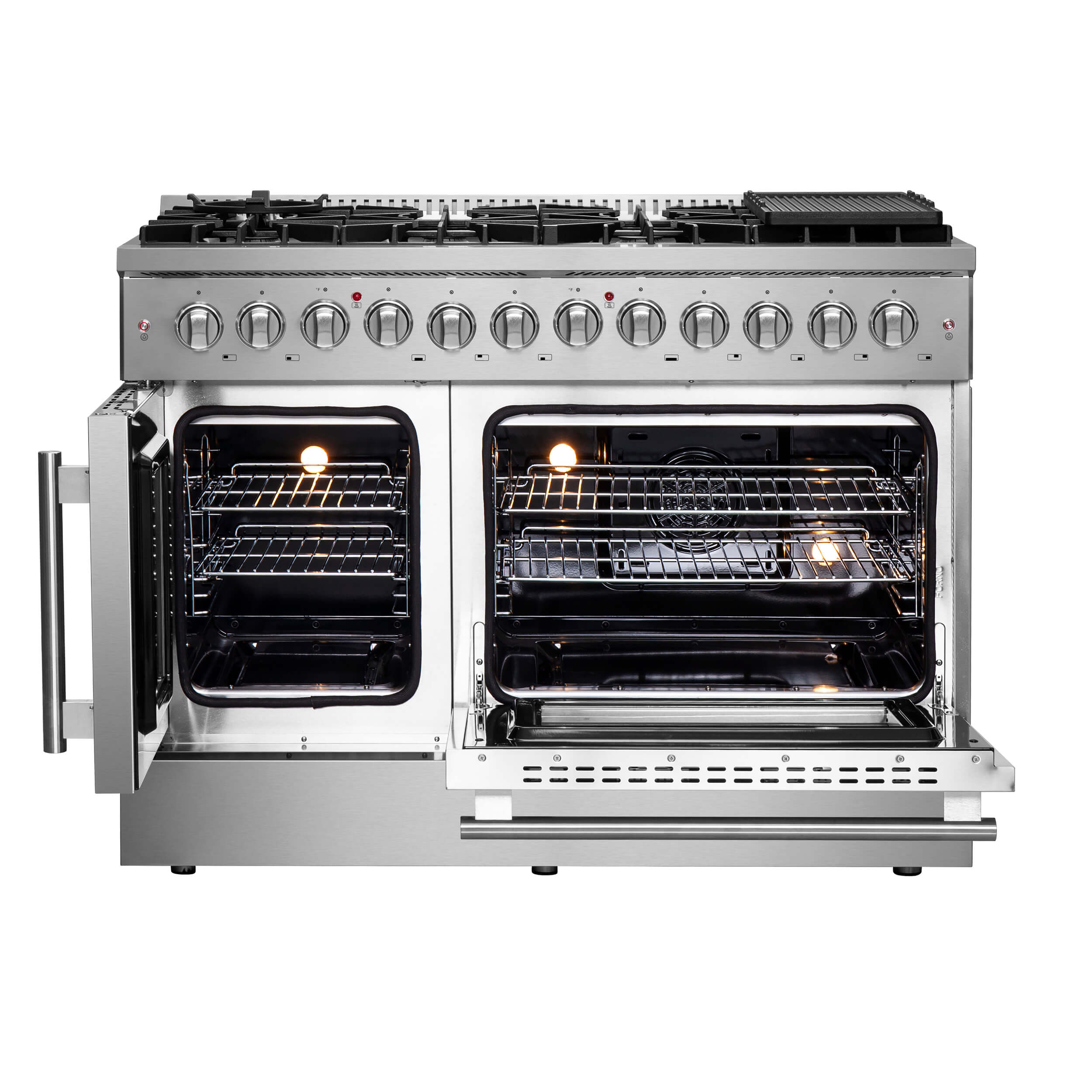 Stainless steel dual fuel range with open double ovens and gas burners, front view