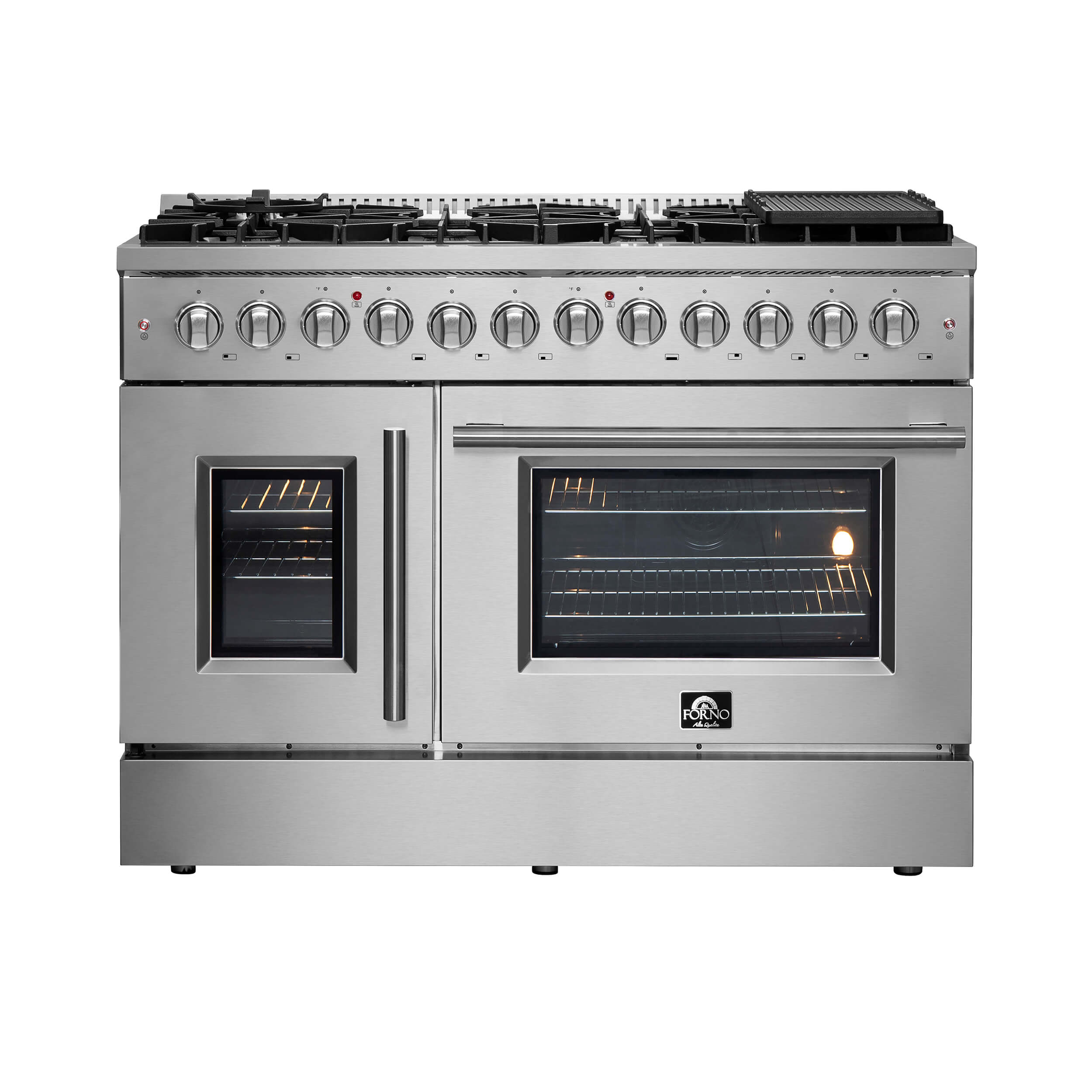 Stainless steel dual fuel range with 8-burner cooktop and dual glass ovens, front view