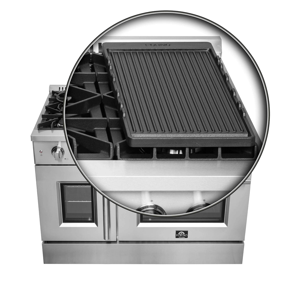Stainless range griddle with ridged cooking surface and black grate supports.