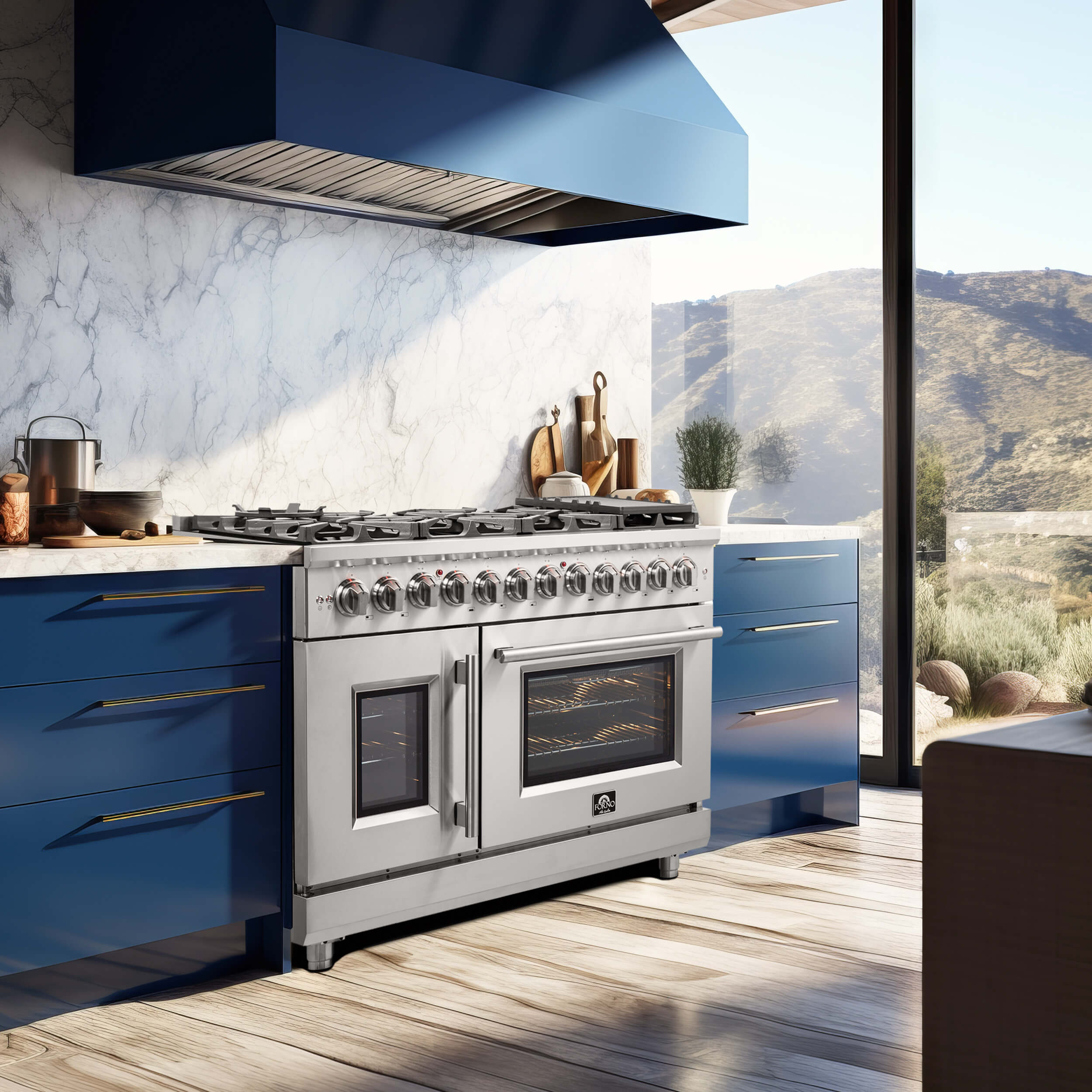 Stainless steel dual fuel range with French-door ovens installed in a modern kitchen