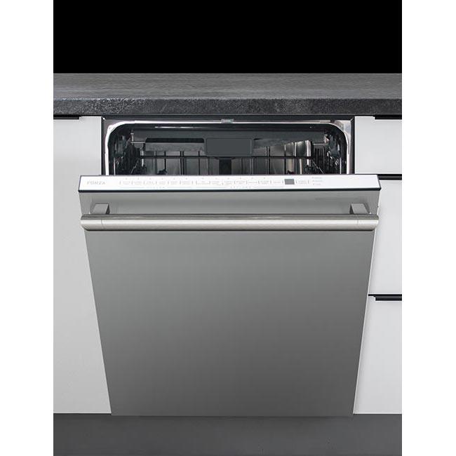Built-in stainless steel dishwasher with door open and racks visible