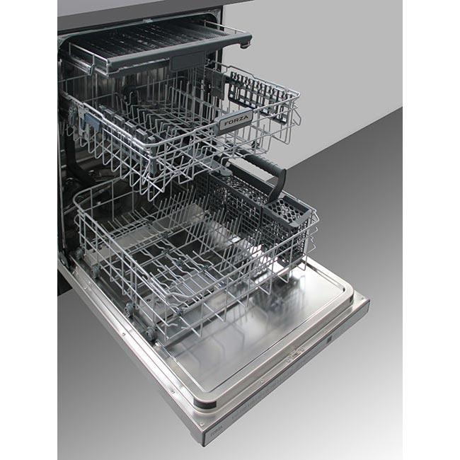 Stainless steel dishwasher interior with wire racks and spray arms
