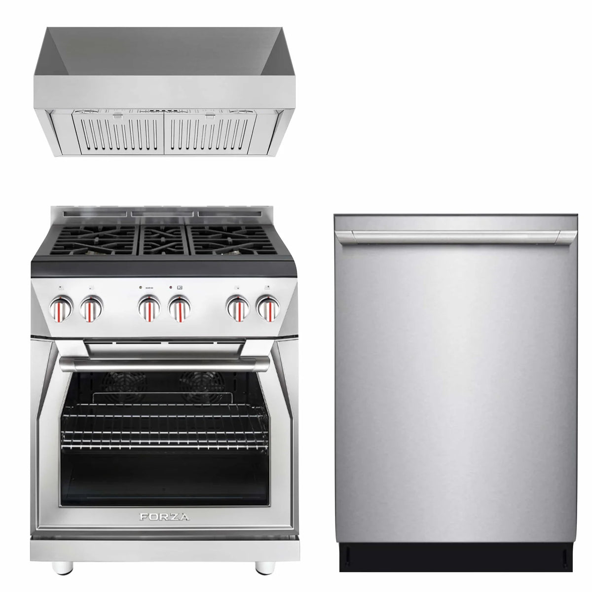 Stainless steel gas range, range hood, and dishwasher set