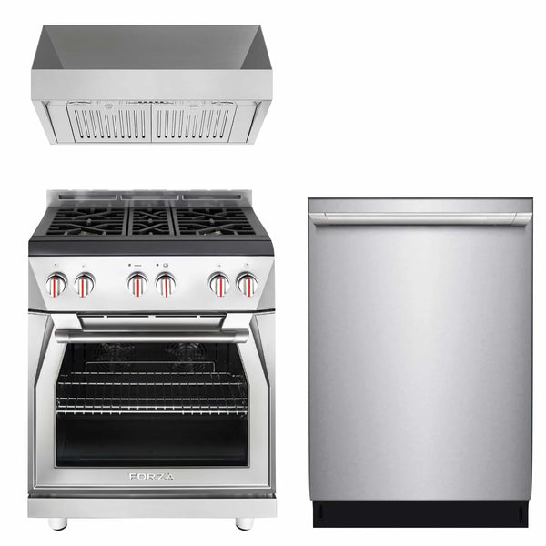 Forza 3-Piece Appliance Package - 30-Inch Gas Range, 18-Inch Tall Premium Range Hood, & 24-Inch Dishwasher in Stainless Steel