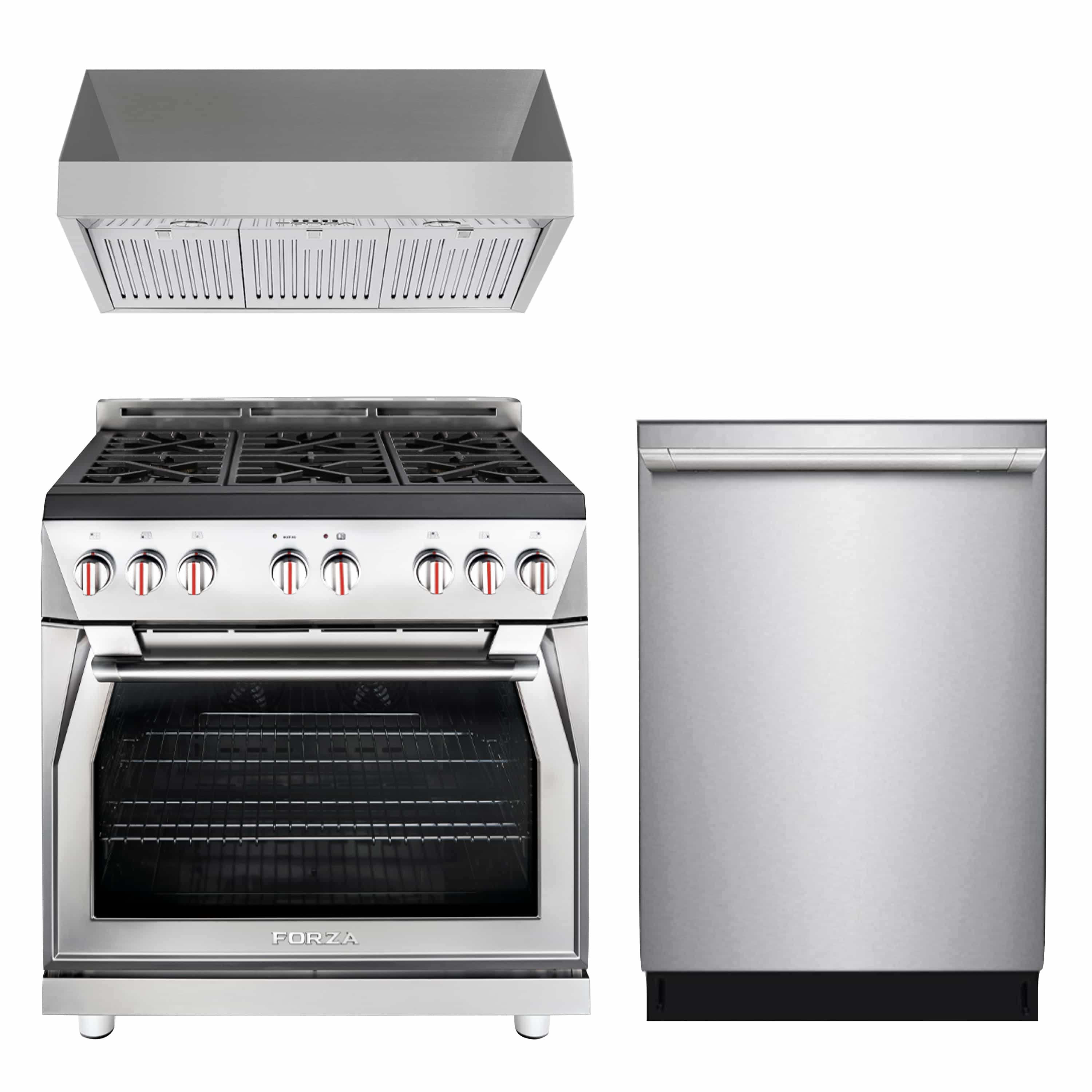 Stainless steel kitchen appliance set: gas range with open oven door, hood, dishwasher