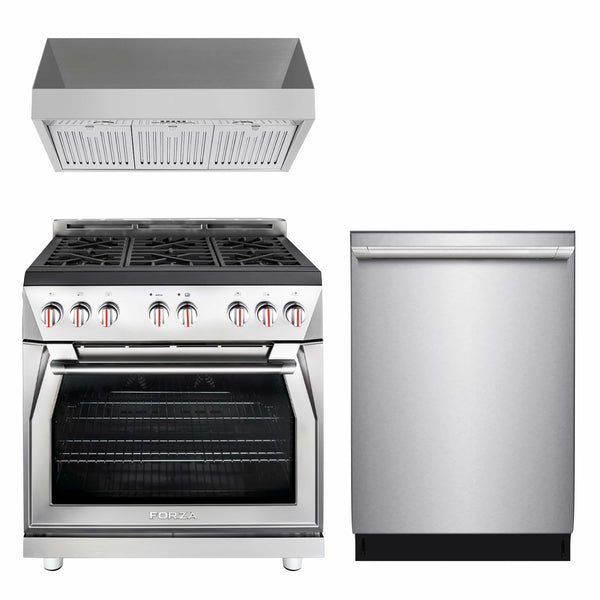 Forza 3-Piece Appliance Package - 36" Gas Range, Premium Range Hood, & 24" Dishwasher in Stainless Steel Appliance Package Forza 18" Tall 