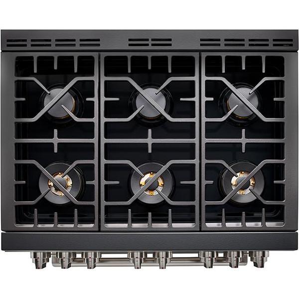 Stainless steel gas range cooktop with black grates and multiple burner knobs