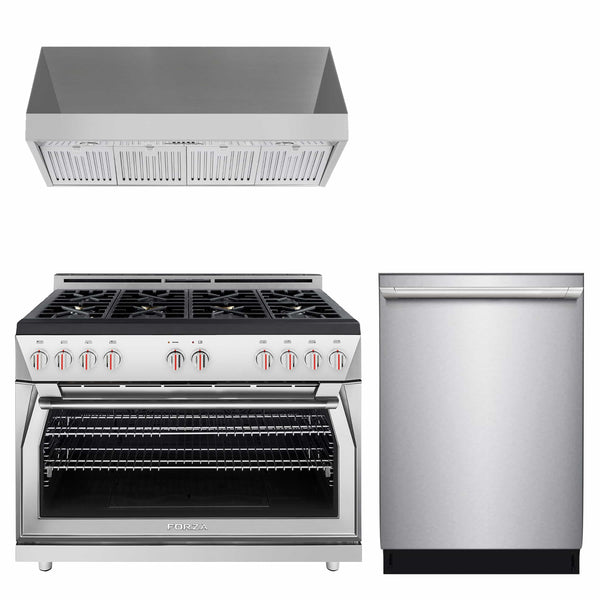 Forza 3-Piece Appliance Package - 48" Gas Range, Premium Range Hood, & 24" Dishwasher in Stainless Steel Appliance Package Forza 