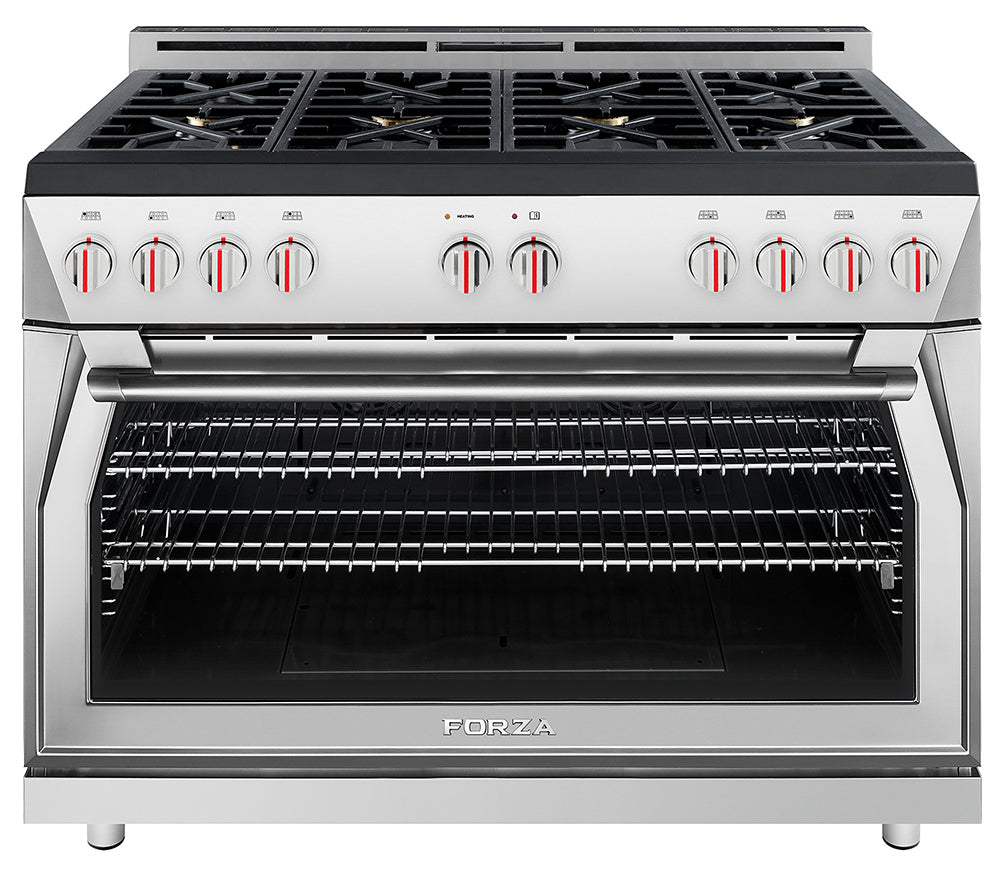 Stainless steel gas range front with burner knobs and open oven window