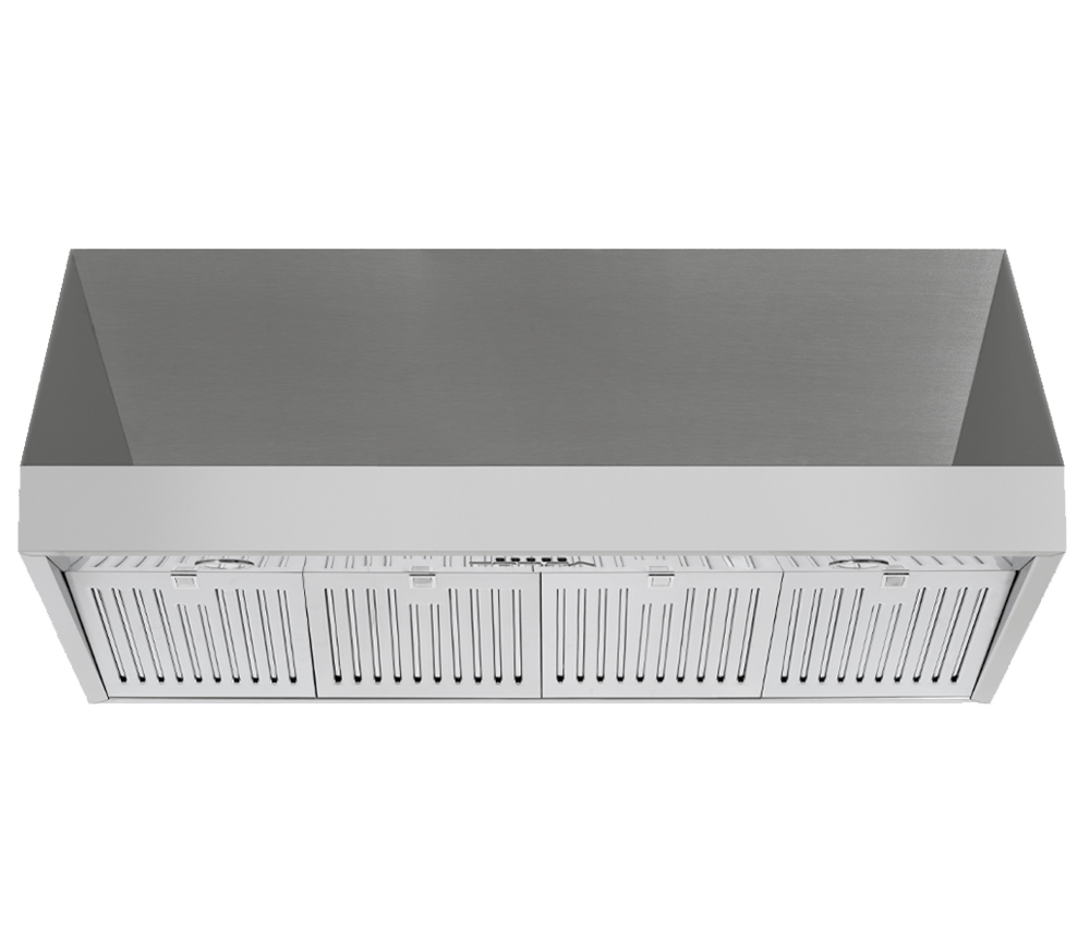 Stainless steel range hood with vent grille and slatted front intake