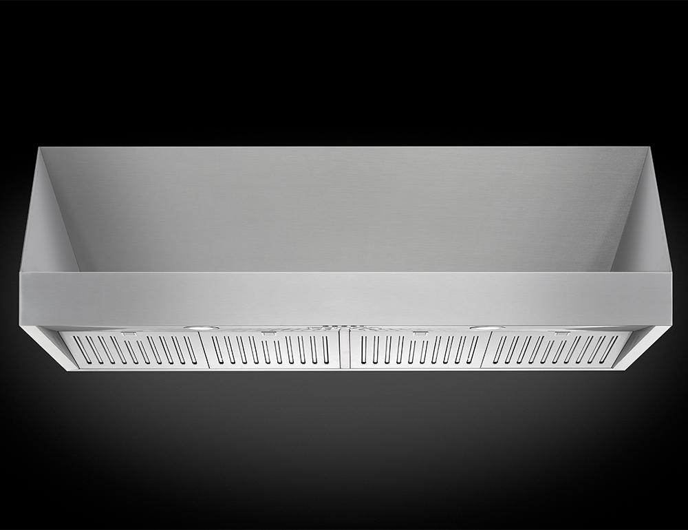 Stainless steel range hood front panel with long vented grille