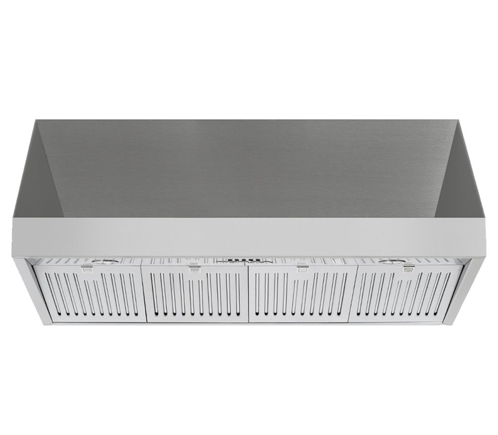 Stainless steel range hood underside with vent slots and baffle