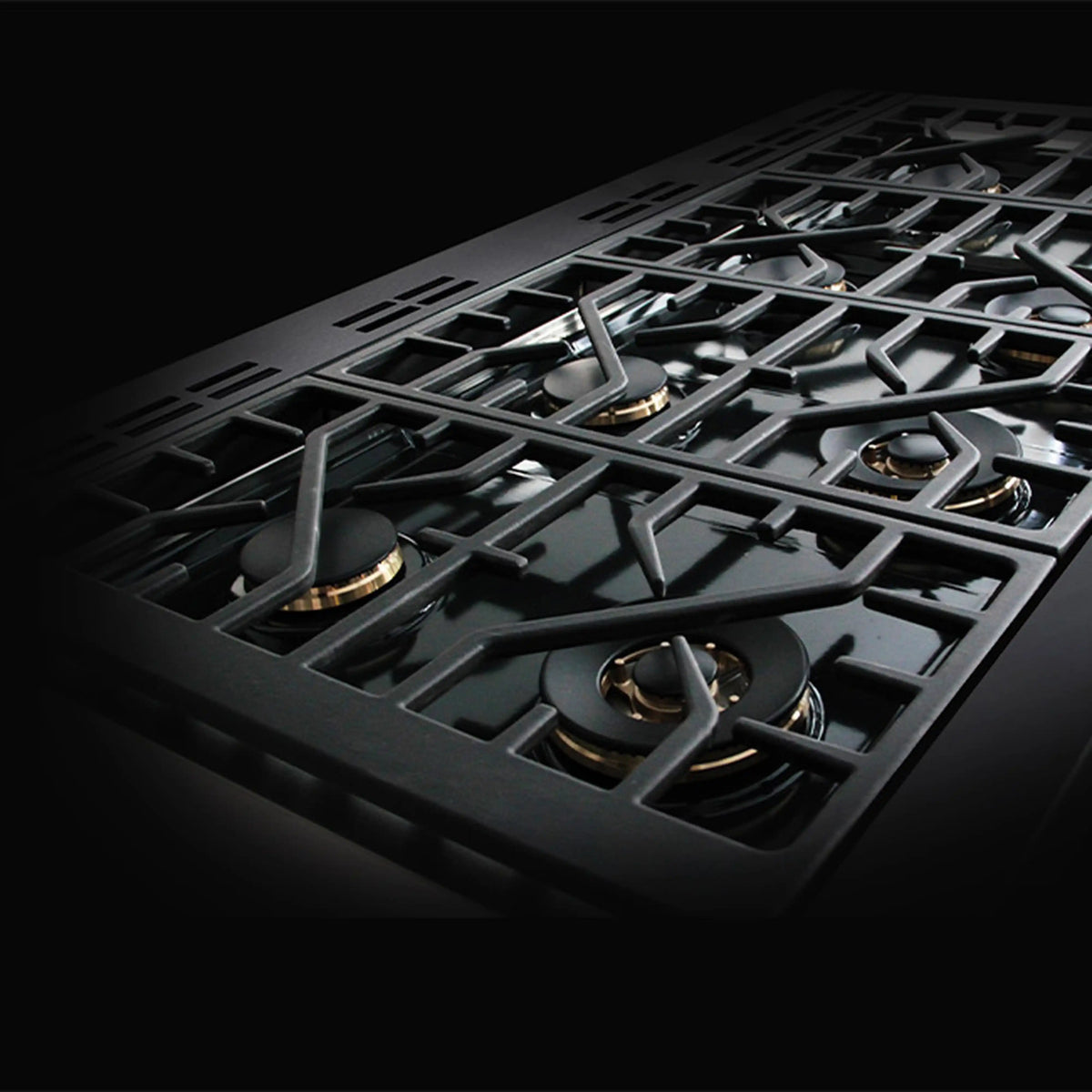 Dual fuel range cooktop with black cast-iron grates and stainless burner caps