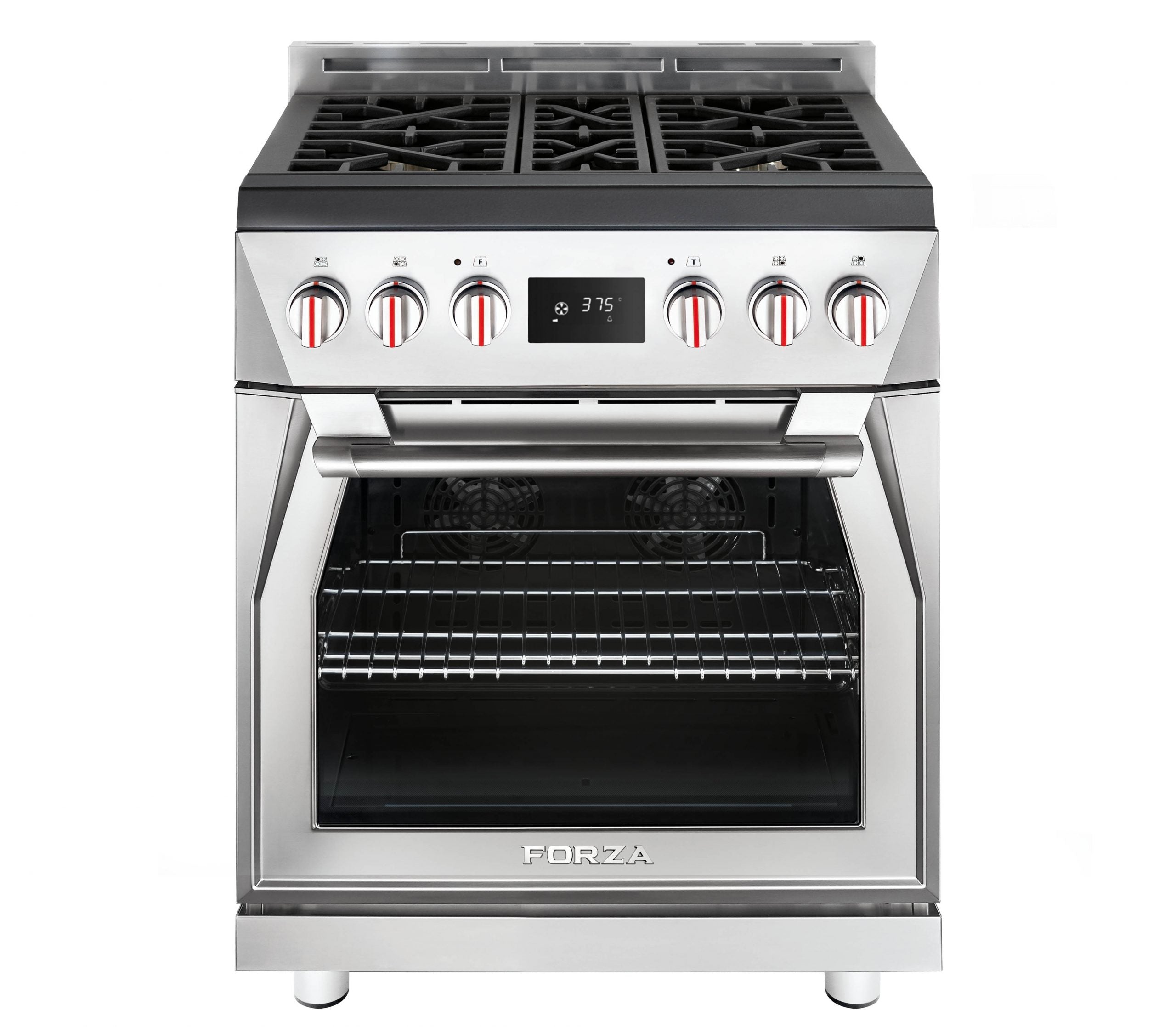 Stainless 30-inch dual fuel range with six burners and windowed oven door