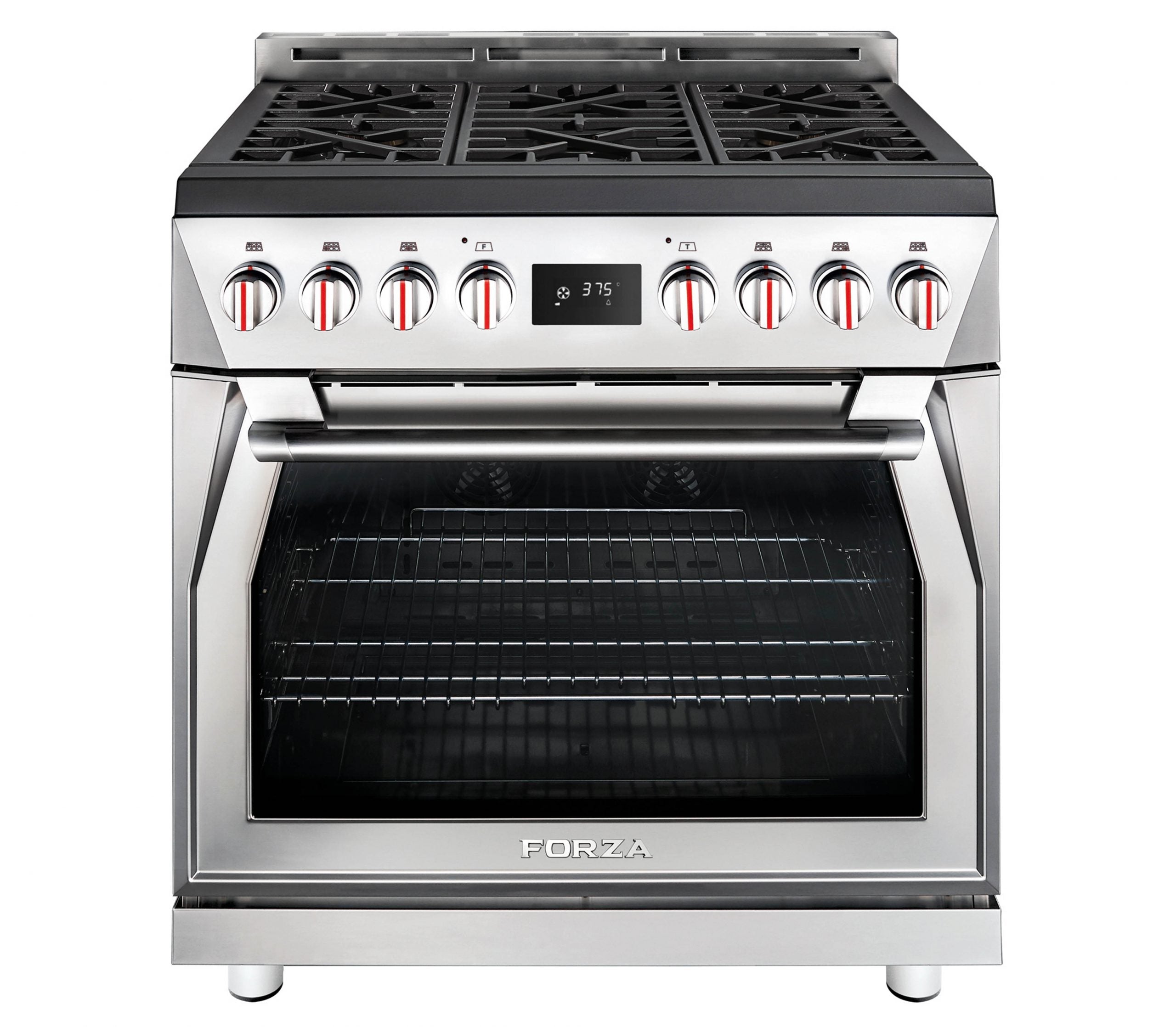 36-inch stainless steel dual fuel range with front control panel and oven door