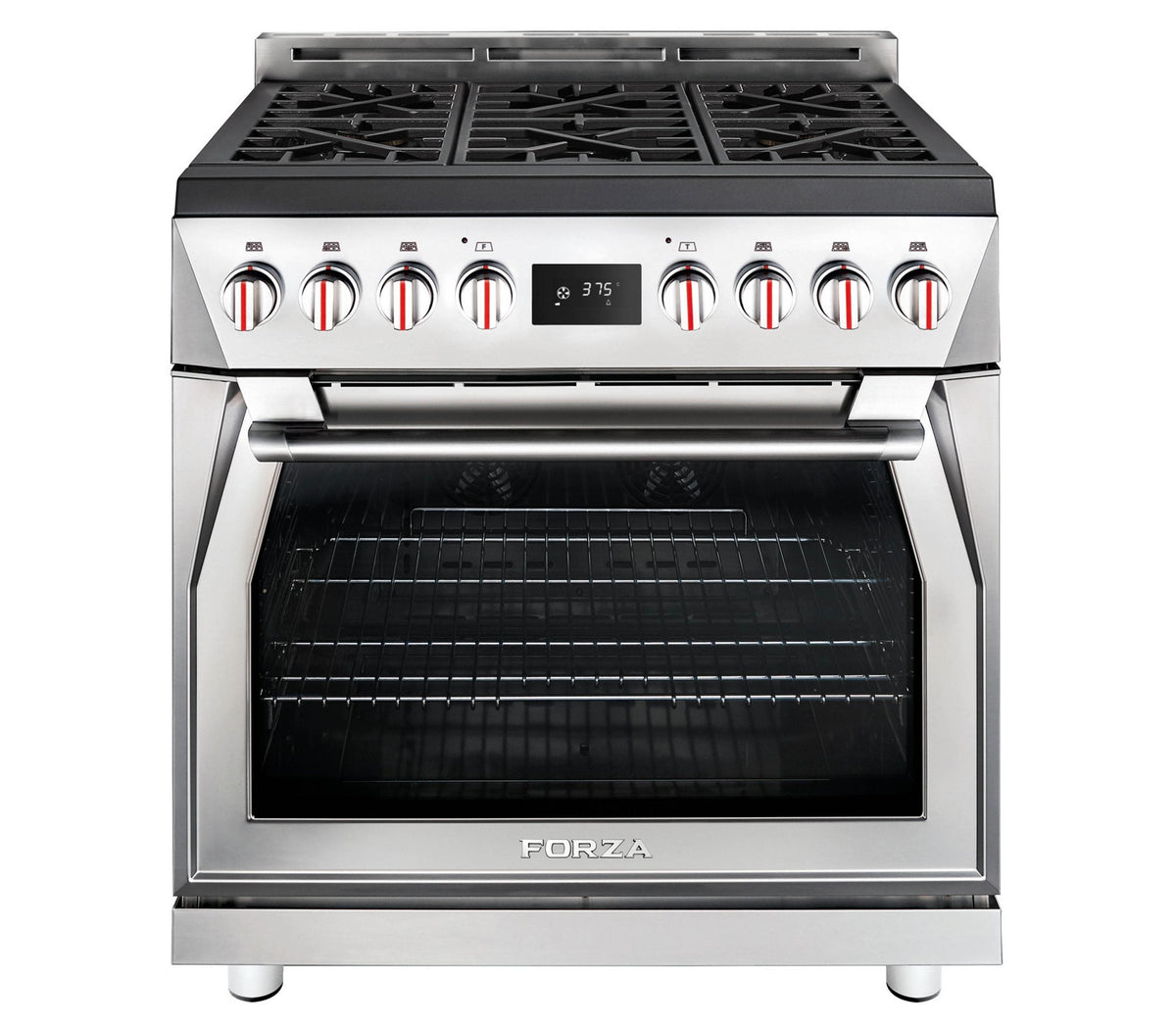 Stainless steel dual fuel range with front control knobs and oven door