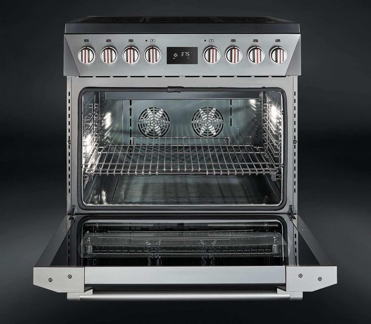 Stainless steel dual fuel range with oven door open and two racks inside.