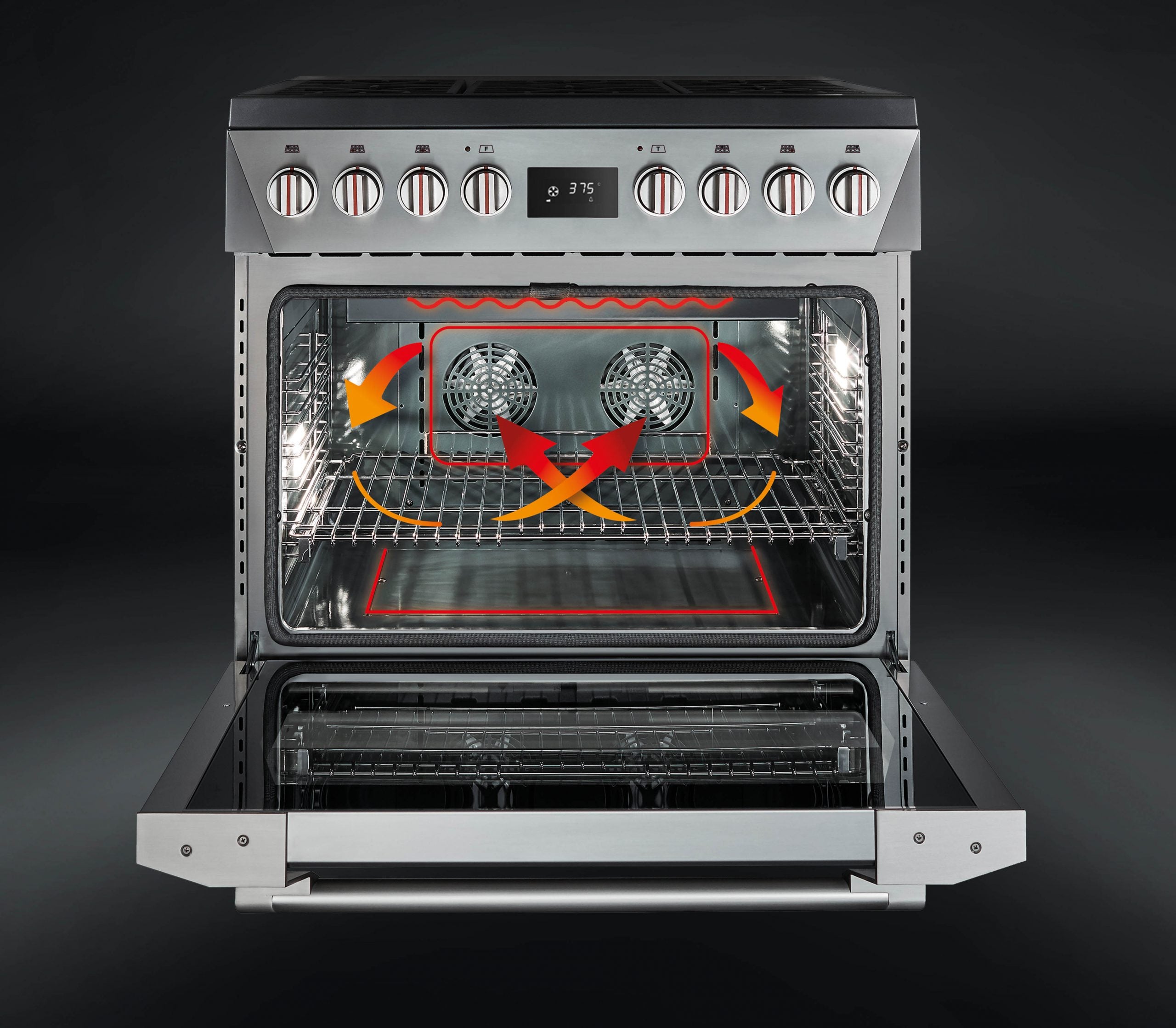 Open dual fuel range oven with two fan rotors and interior cooking racks
