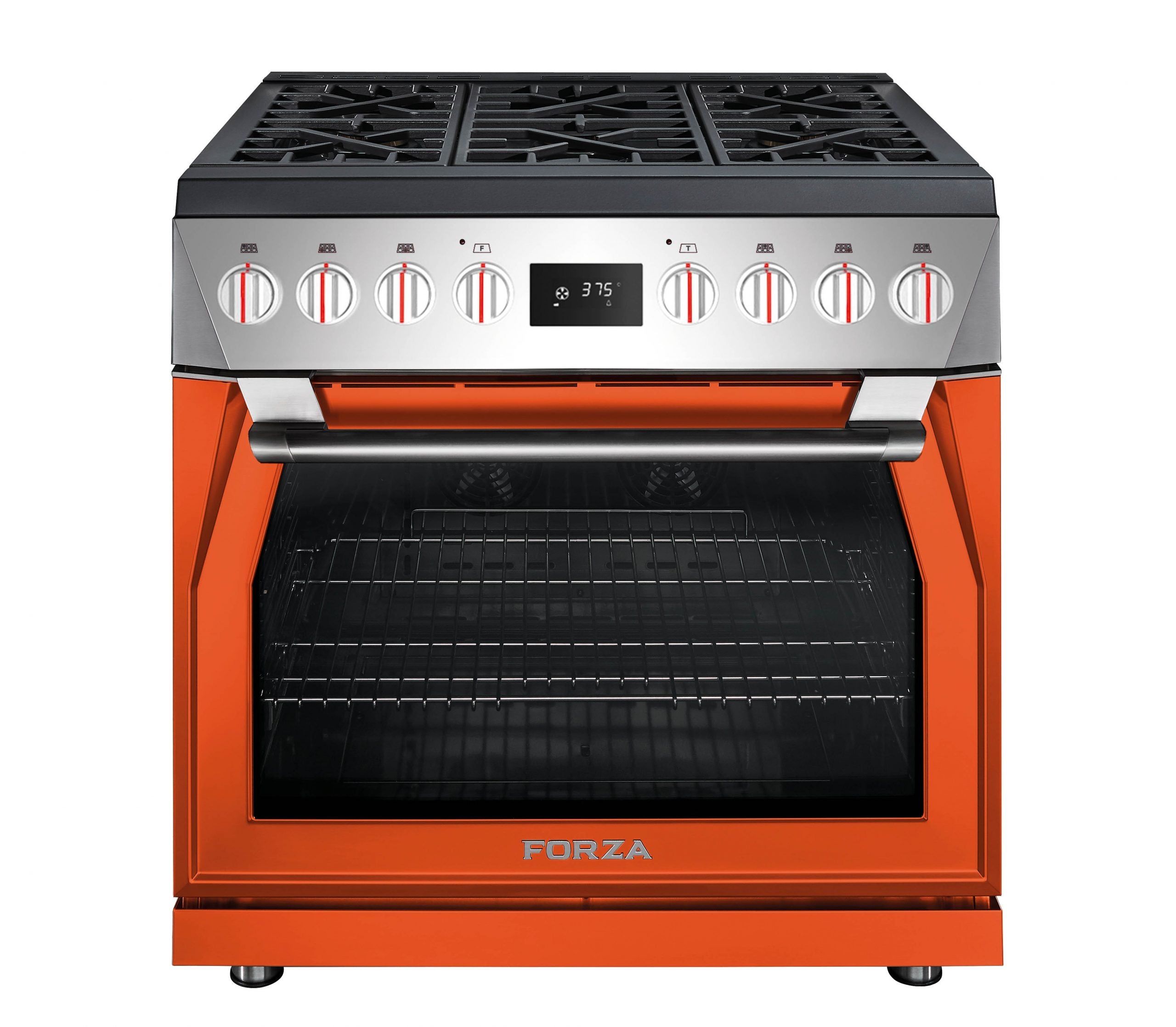 Forza 36-inch dual fuel range, stainless cooktop with Ardente Orange oven door front