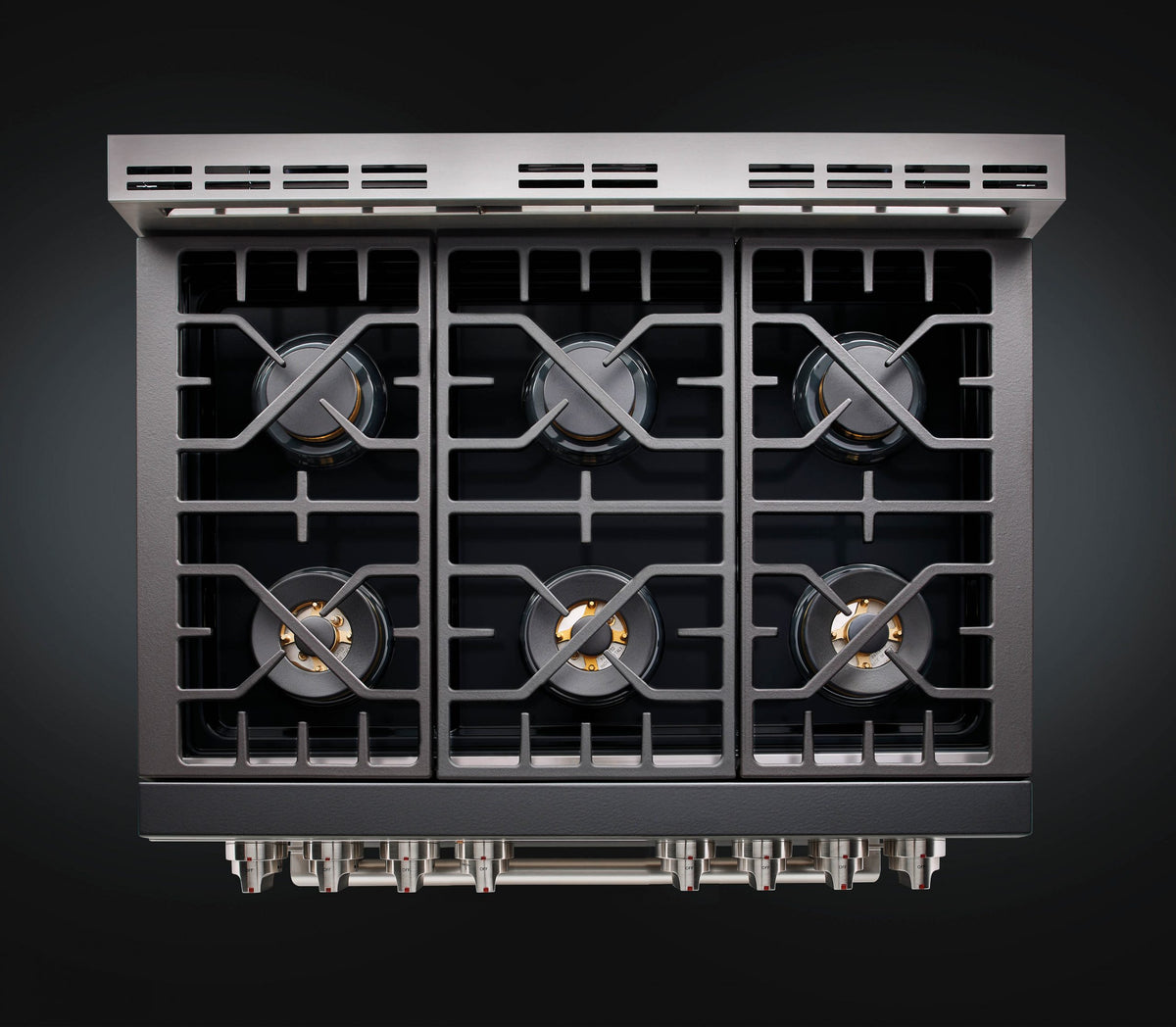 36-inch dual fuel range cooktop with six sealed gas burners and cast-iron grates