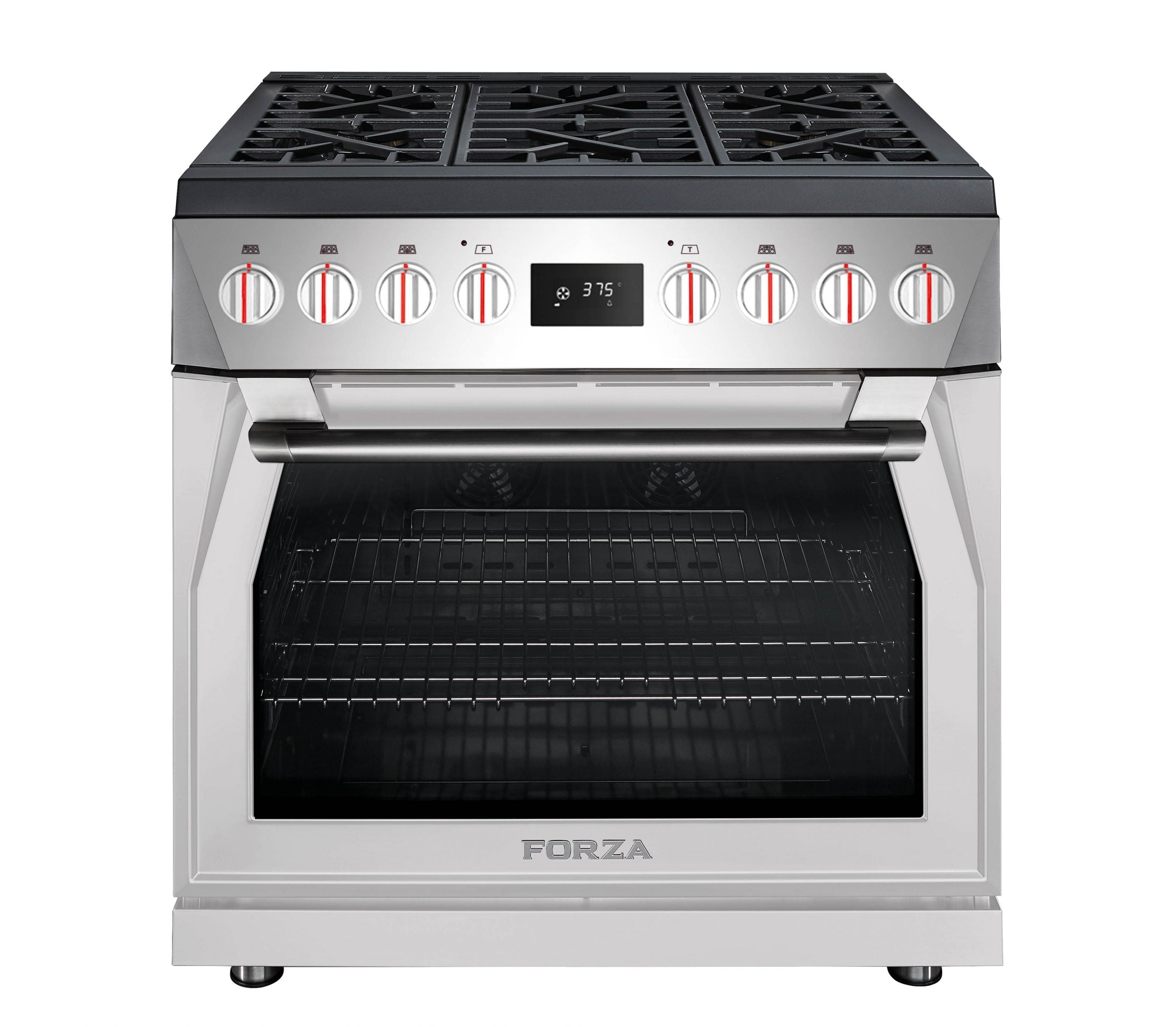 36-inch dual fuel range in Valoroso White, front with control knobs and oven door