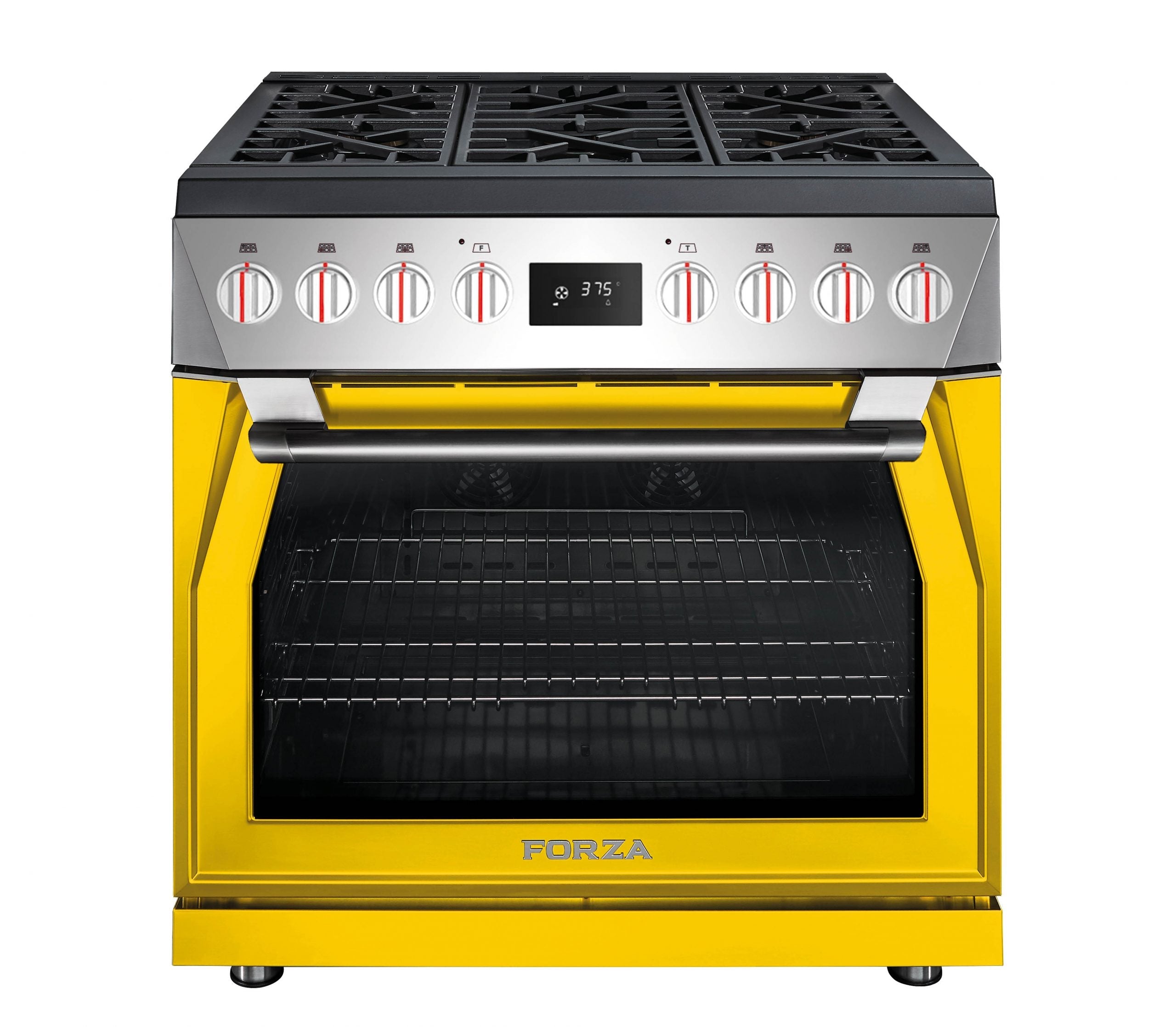 36-inch dual fuel range with open oven door and six burner cooktop