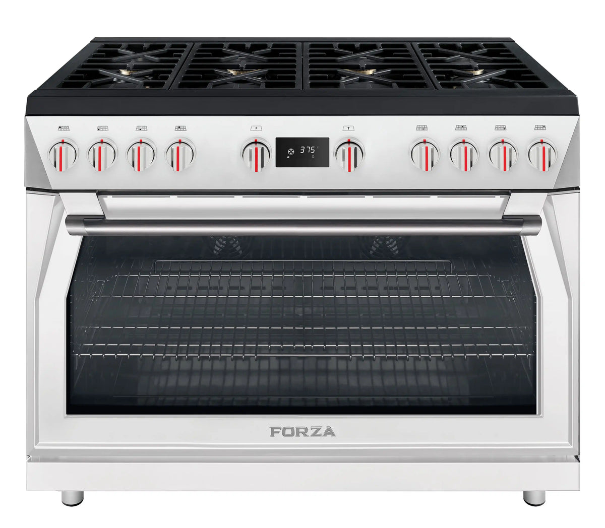 Forza dual fuel range in Valoroso White, front panel knobs and oven door