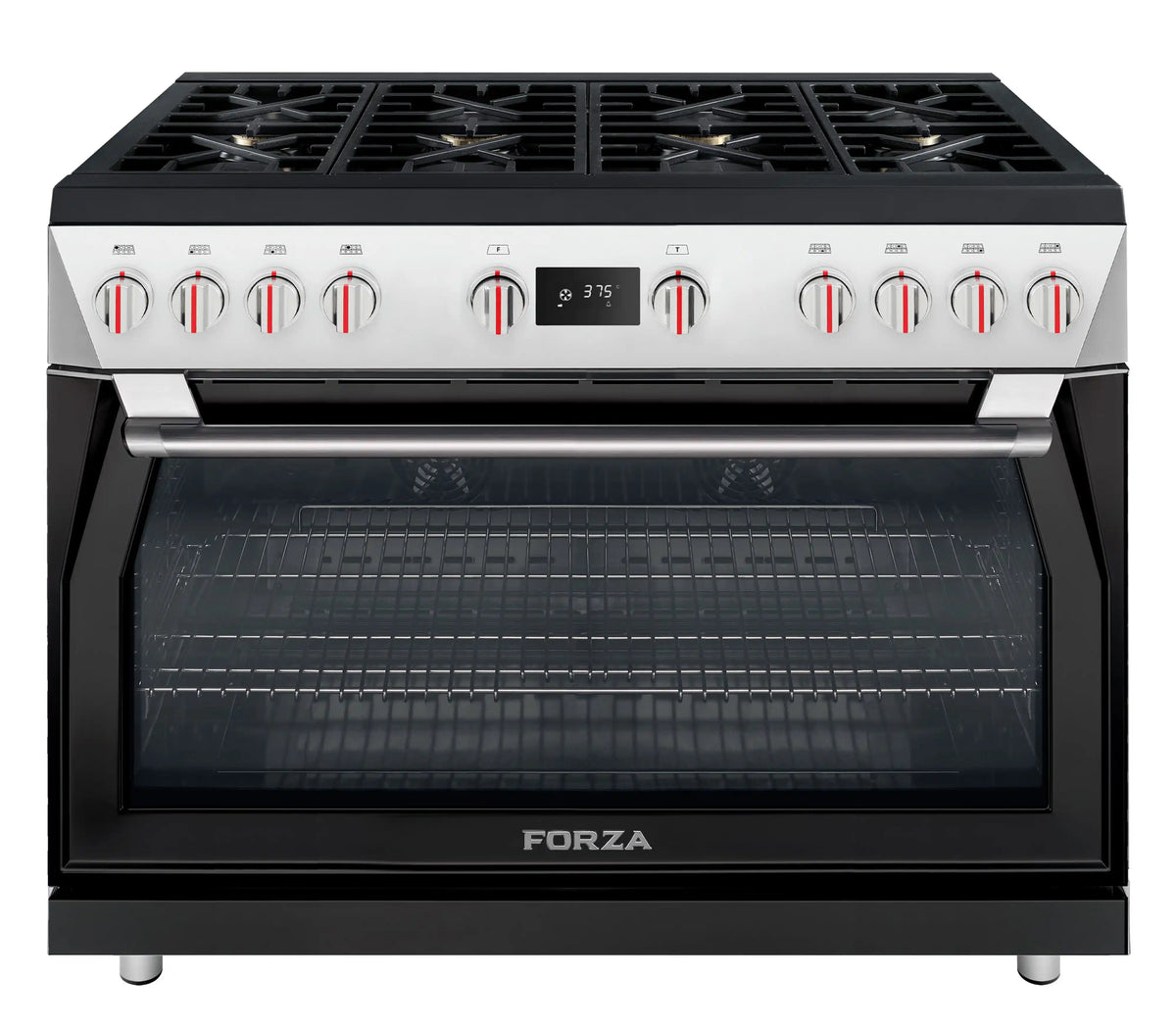 Black dual fuel range with stainless control panel, burner knobs, and oven door