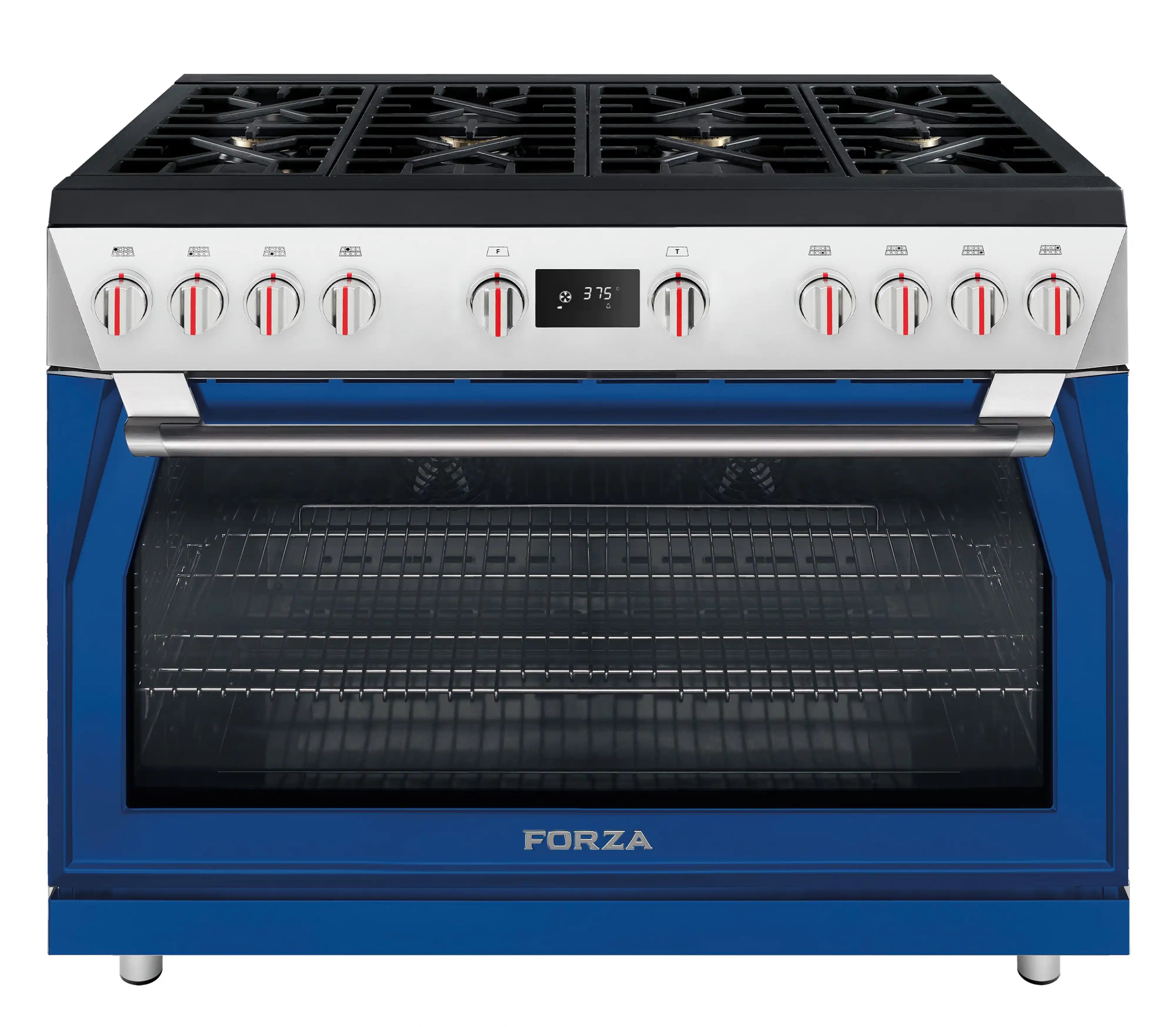 Dinamico Blue dual fuel range with silver control panel and open oven door