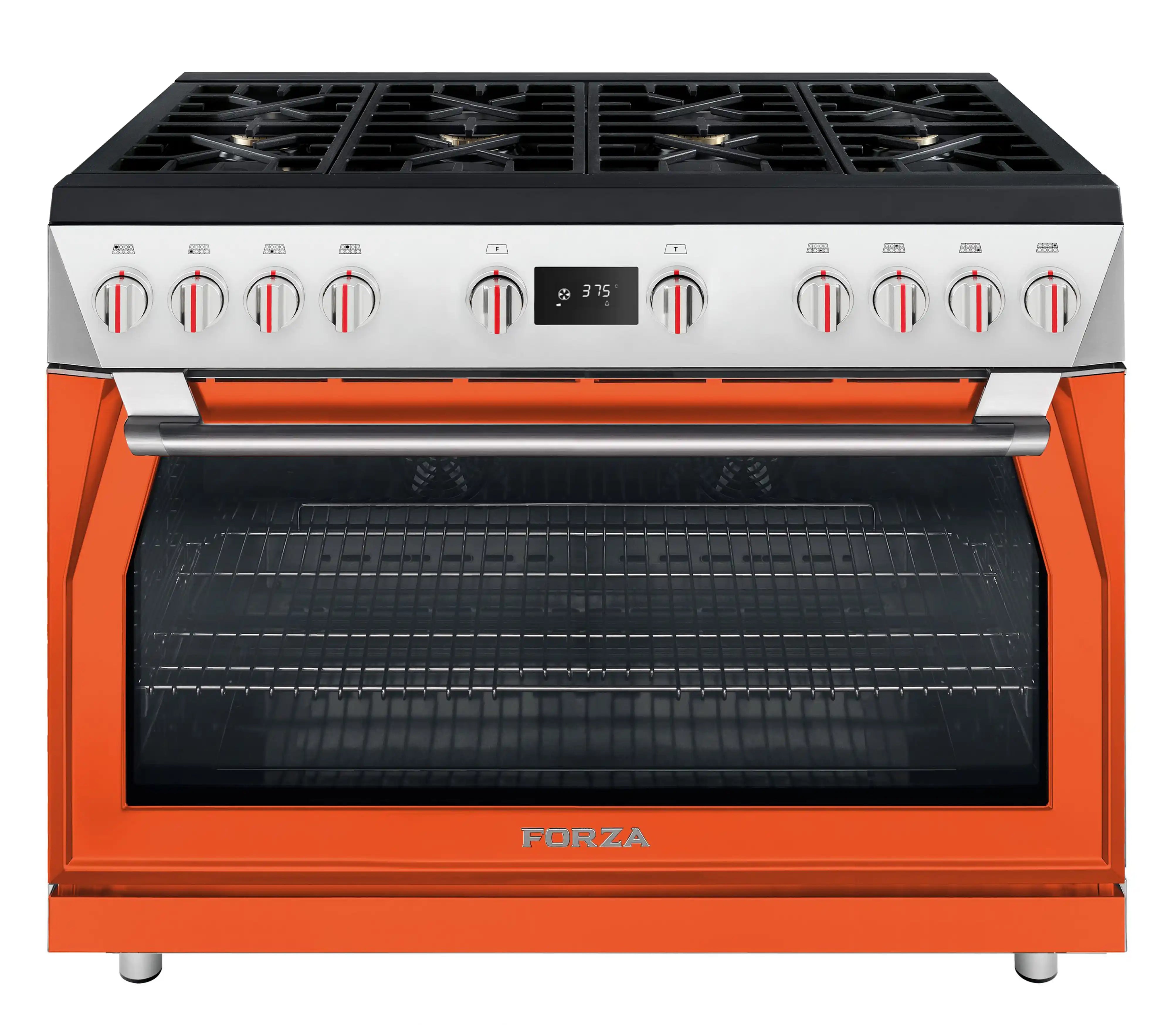 Ardente orange dual fuel range with control knobs and open oven door