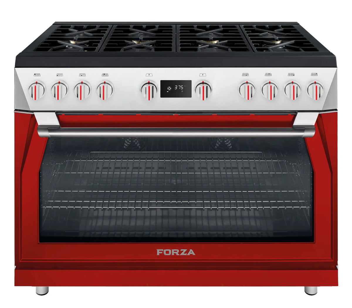 48-inch dual fuel range with red finish, silver control panel, and oven window