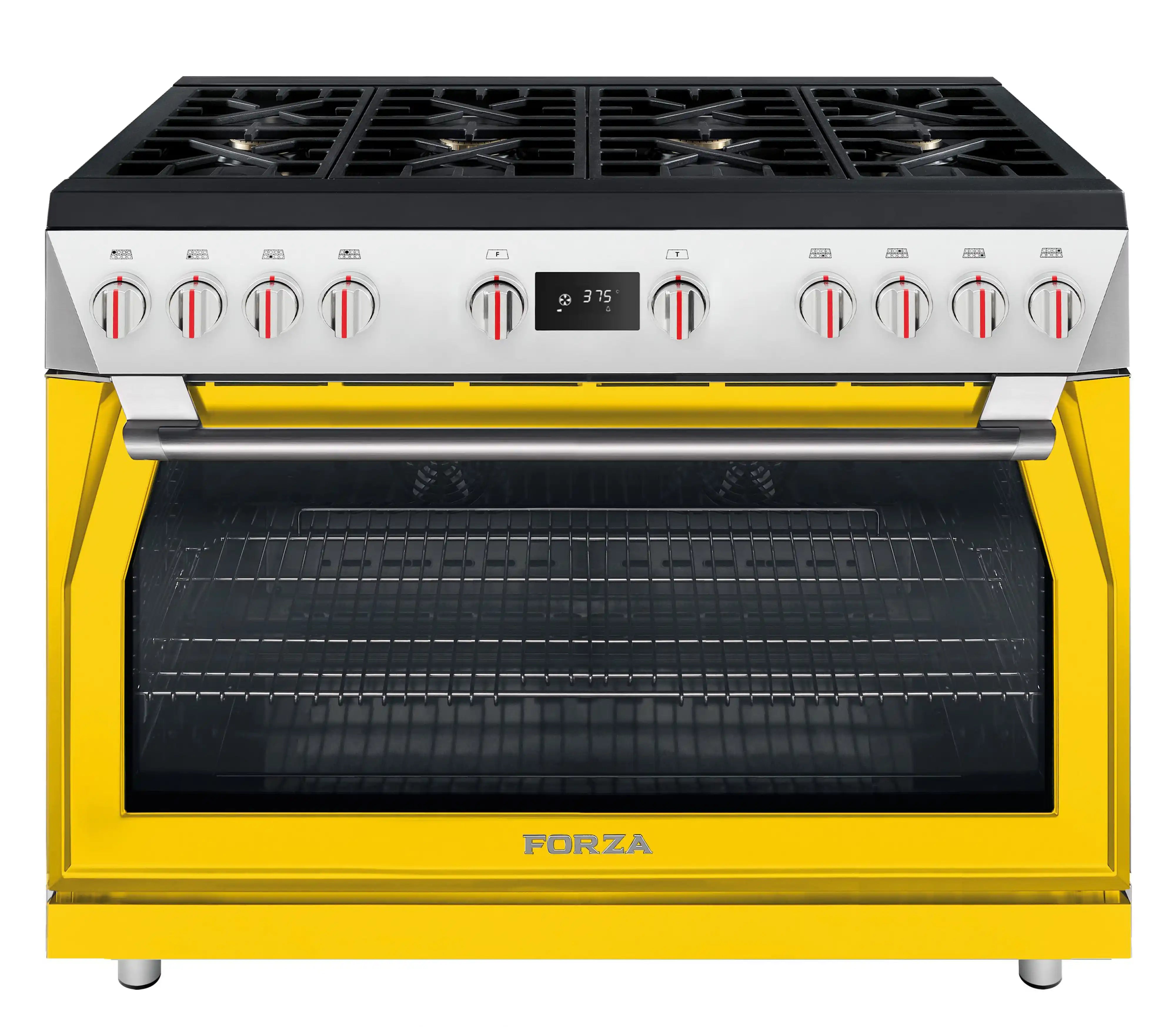 48-inch dual fuel range with six burners, Ribelle Yellow exterior and oven door window