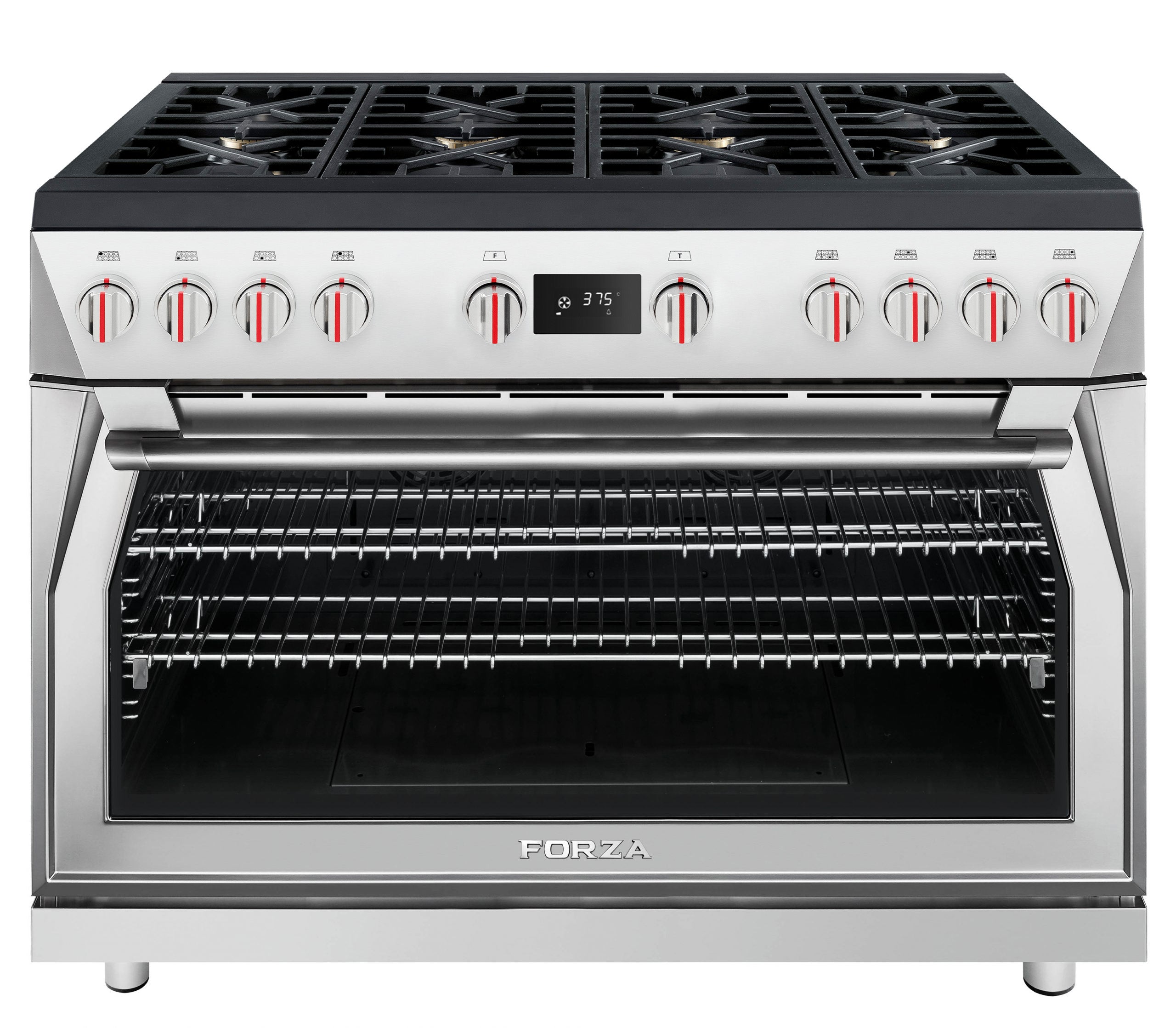 Stainless steel dual fuel range with control knobs and oven door window