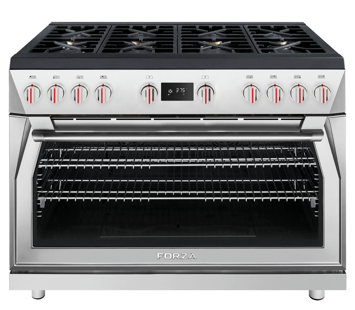 Stainless steel dual fuel range with five gas burners and oven door