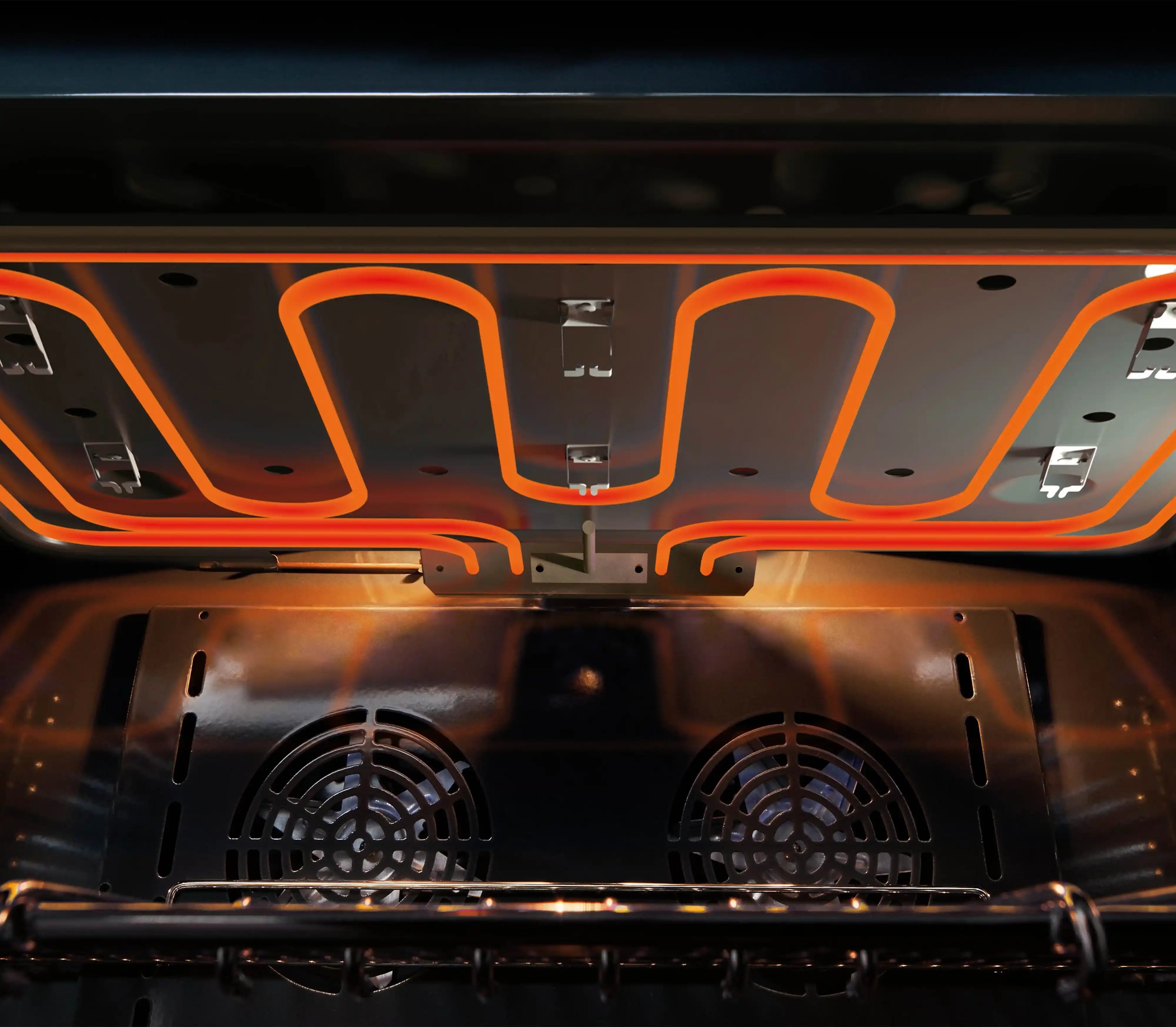 Oven interior with visible burner and twin fan housings behind the cooktop
