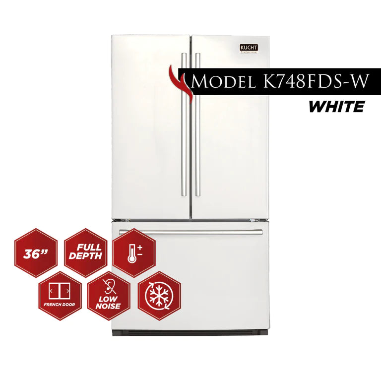 Kucht 36-Inch 26.1 Cu. Ft. French Door Refrigerator with Interior Ice Maker in White (K748FDS-W)