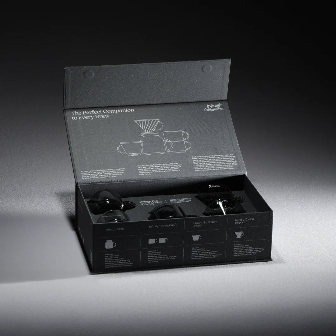 Open black packaging box showing coffee brewing set accessories and labels