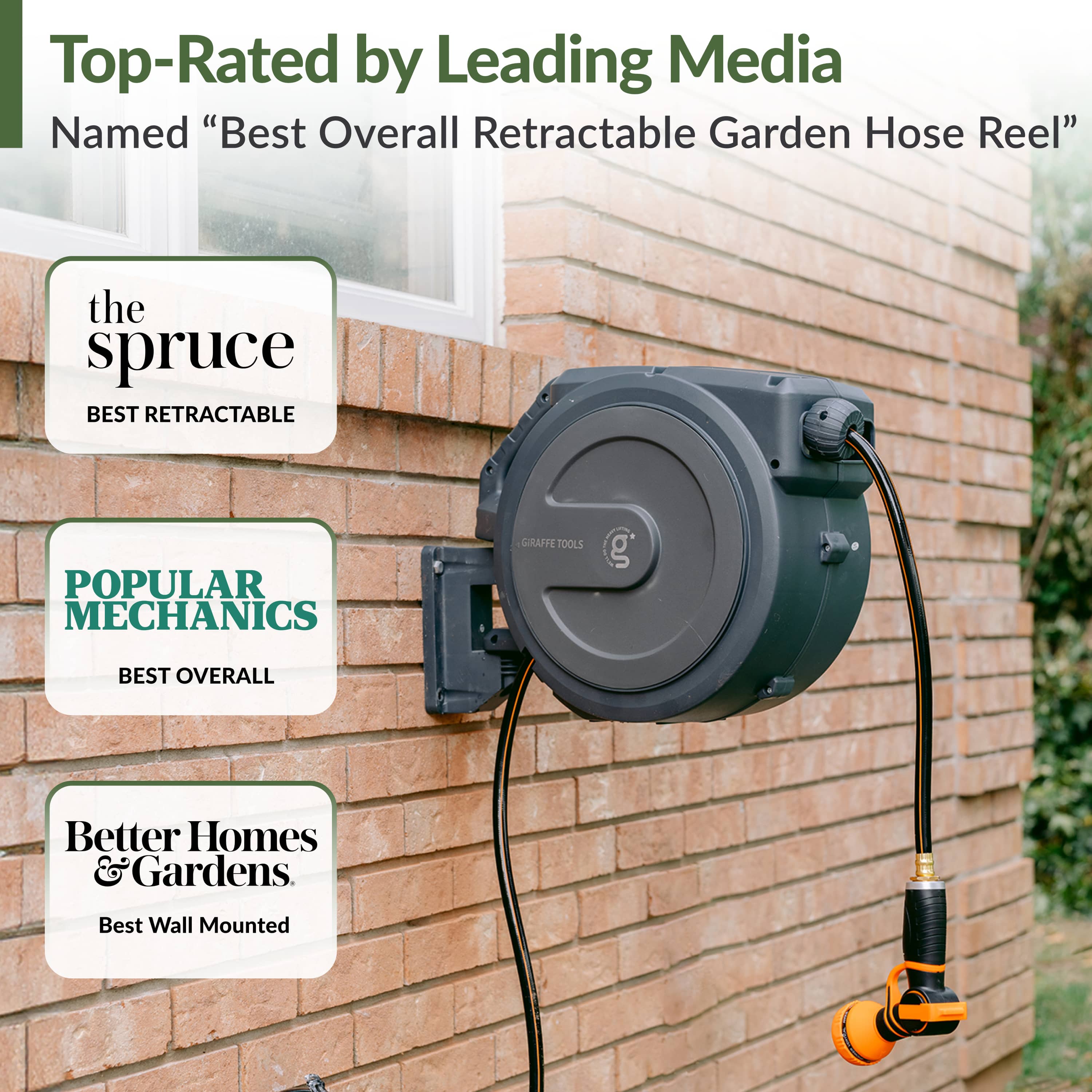 Wall-mounted retractable garden hose reel with dark gray housing and orange hose