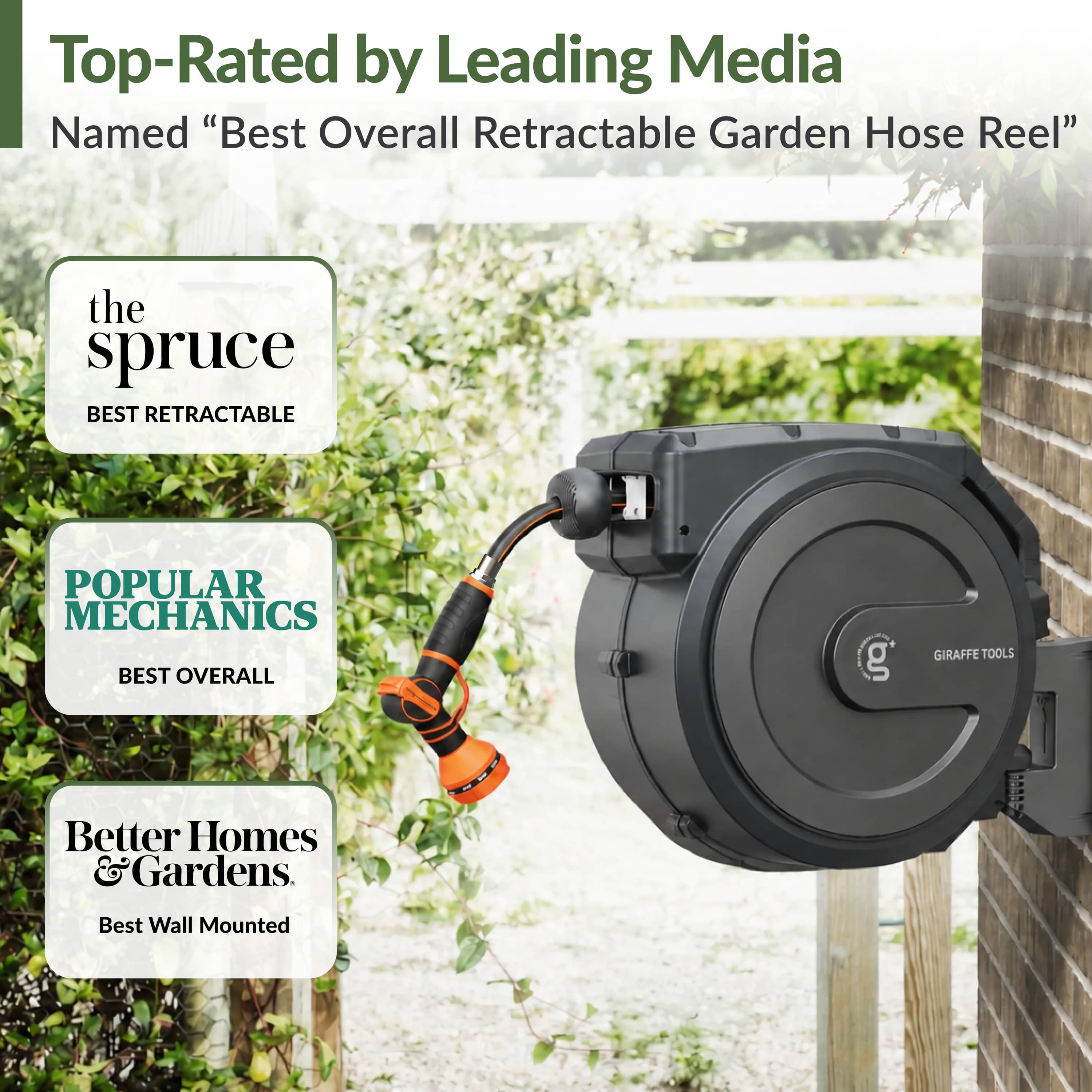 Wall-mounted retractable garden hose reel with extended hose and orange nozzle