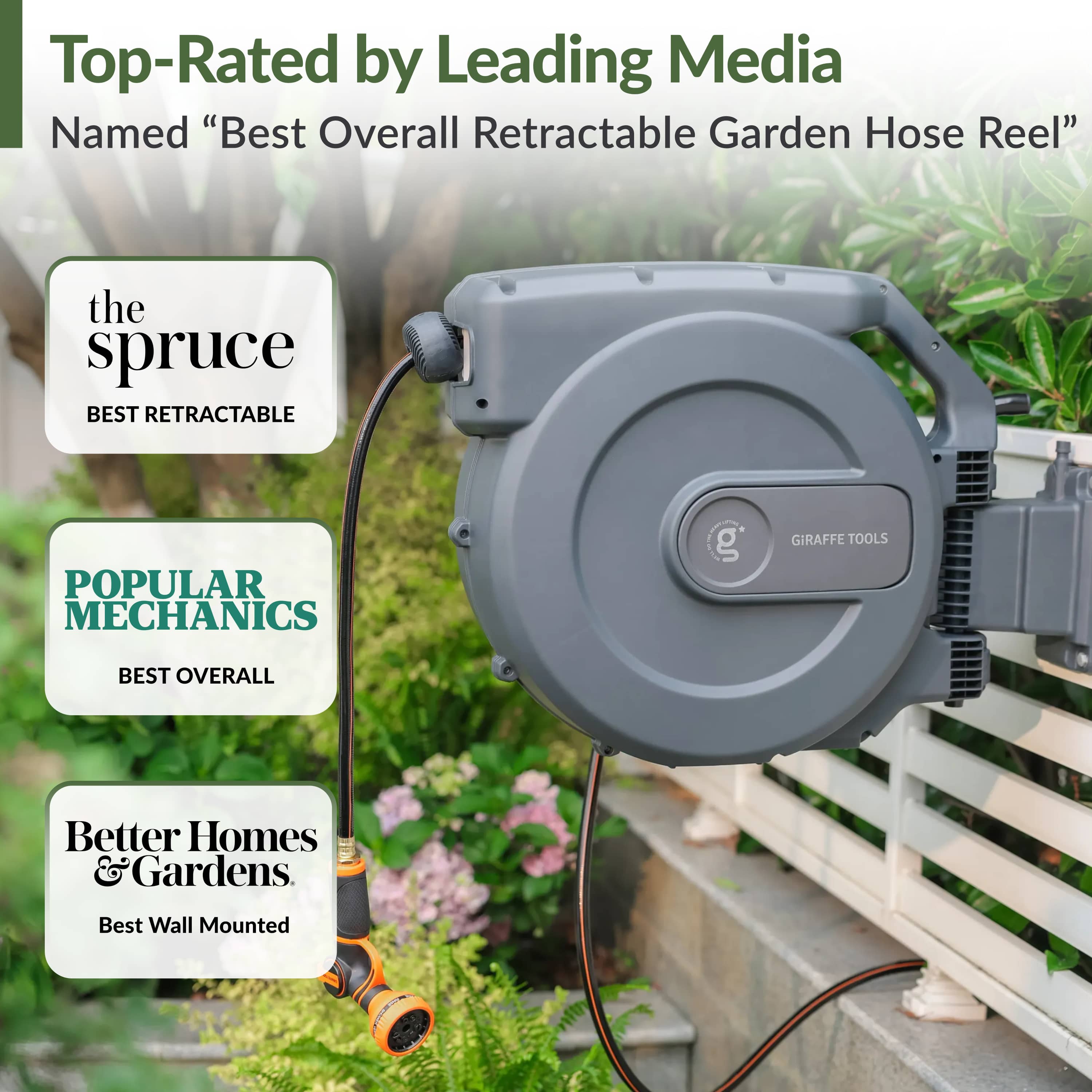 Wall-mounted retractable garden hose reel, grey housing with black hose