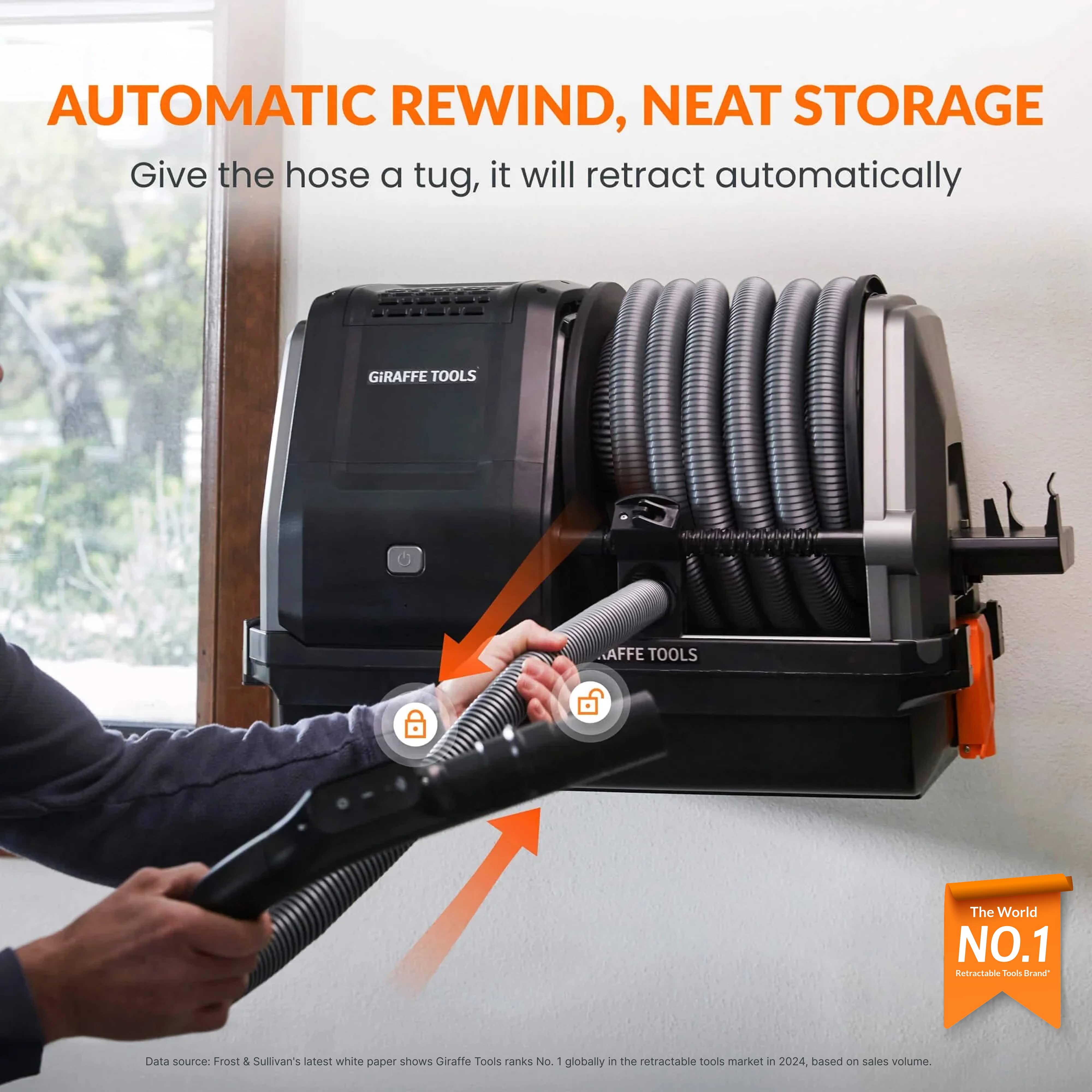 Retractable vacuum cleaner unit with hose being pulled out by hand, black