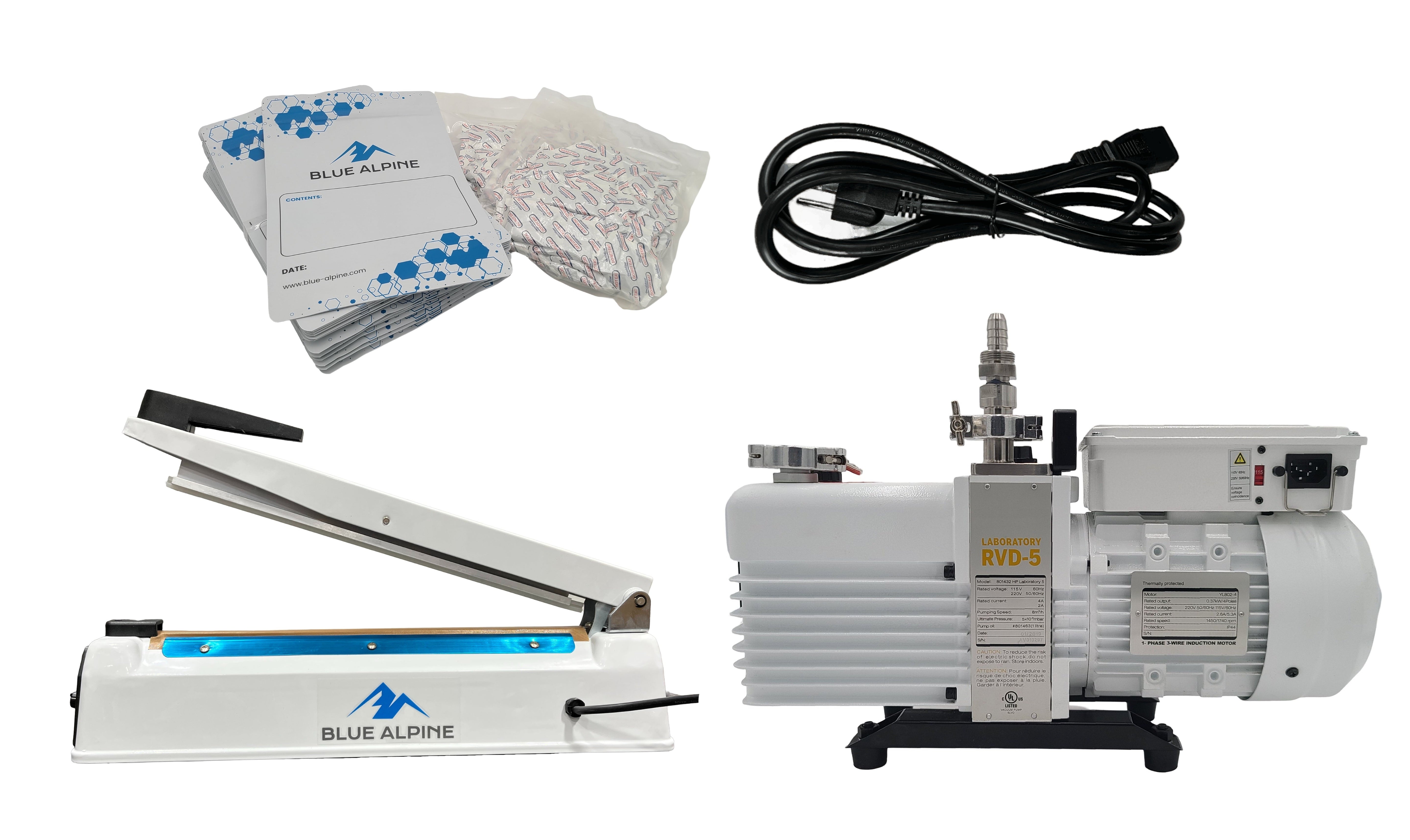 Freeze dryer machine with accessories, white unit and vacuum tubing