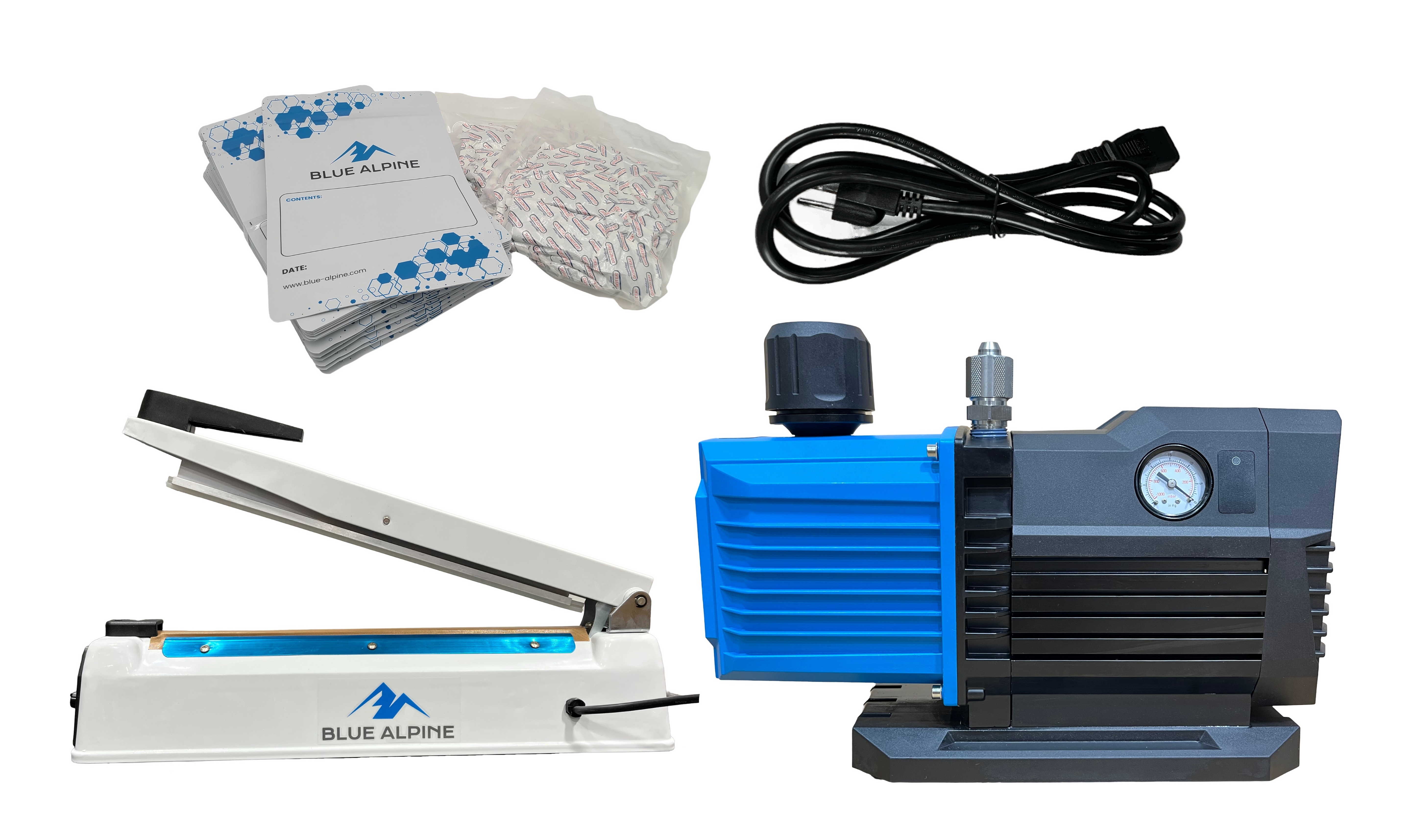 Blue Alpine large freeze dryer kit with hoses, vacuum pump, and accessory trays