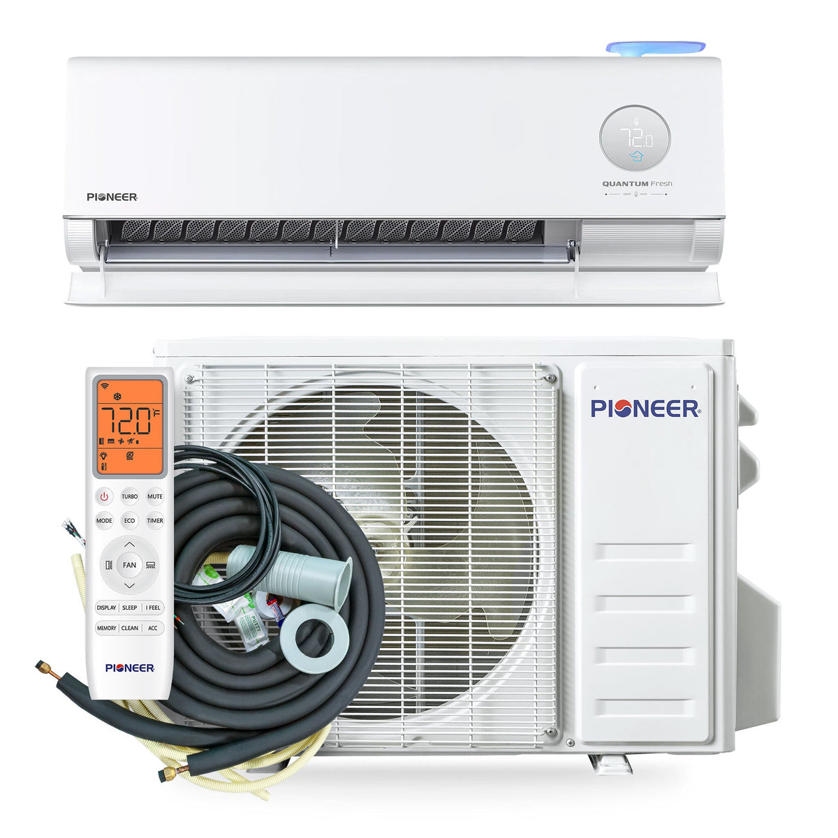 Ductless mini-split air conditioner set with lineset bundle, indoor unit, and outdoor unit
