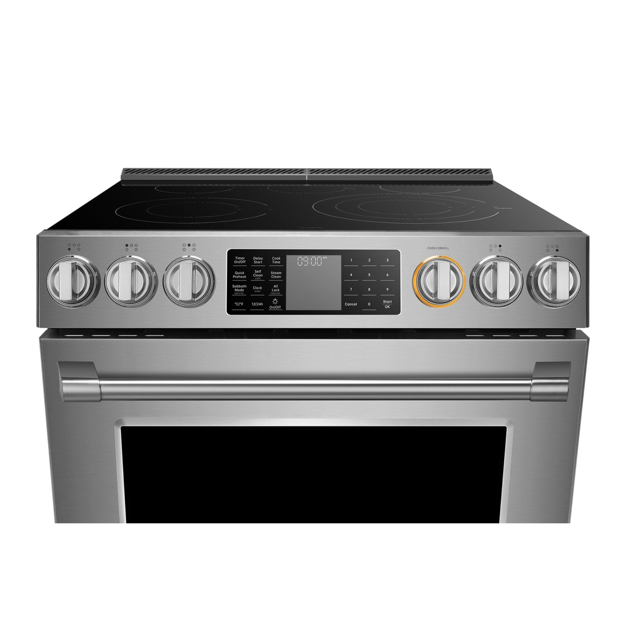 Stainless steel electric slide-in range top with black glass cooktop and knob controls