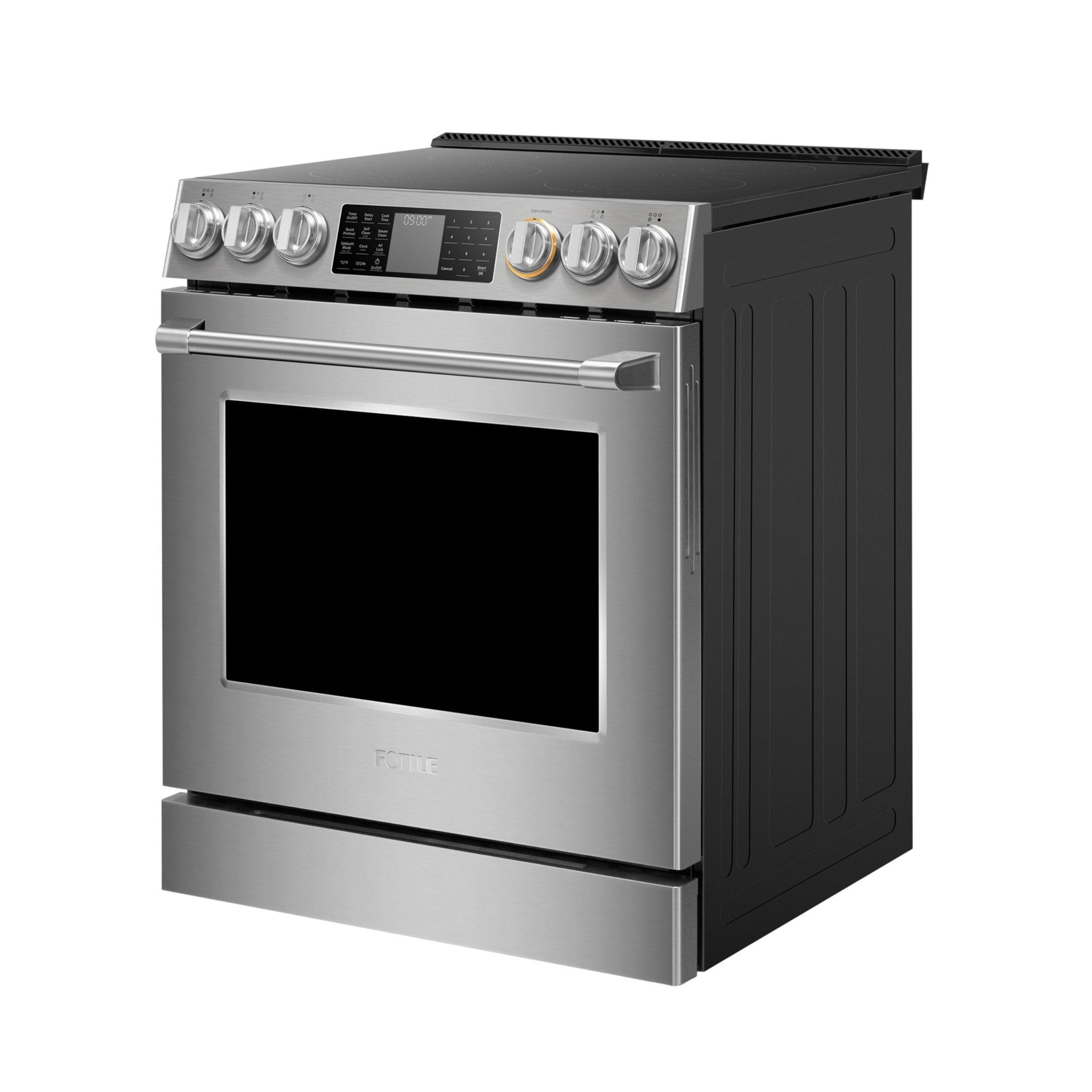 Stainless steel electric slide-in range, angled view showing black oven door window