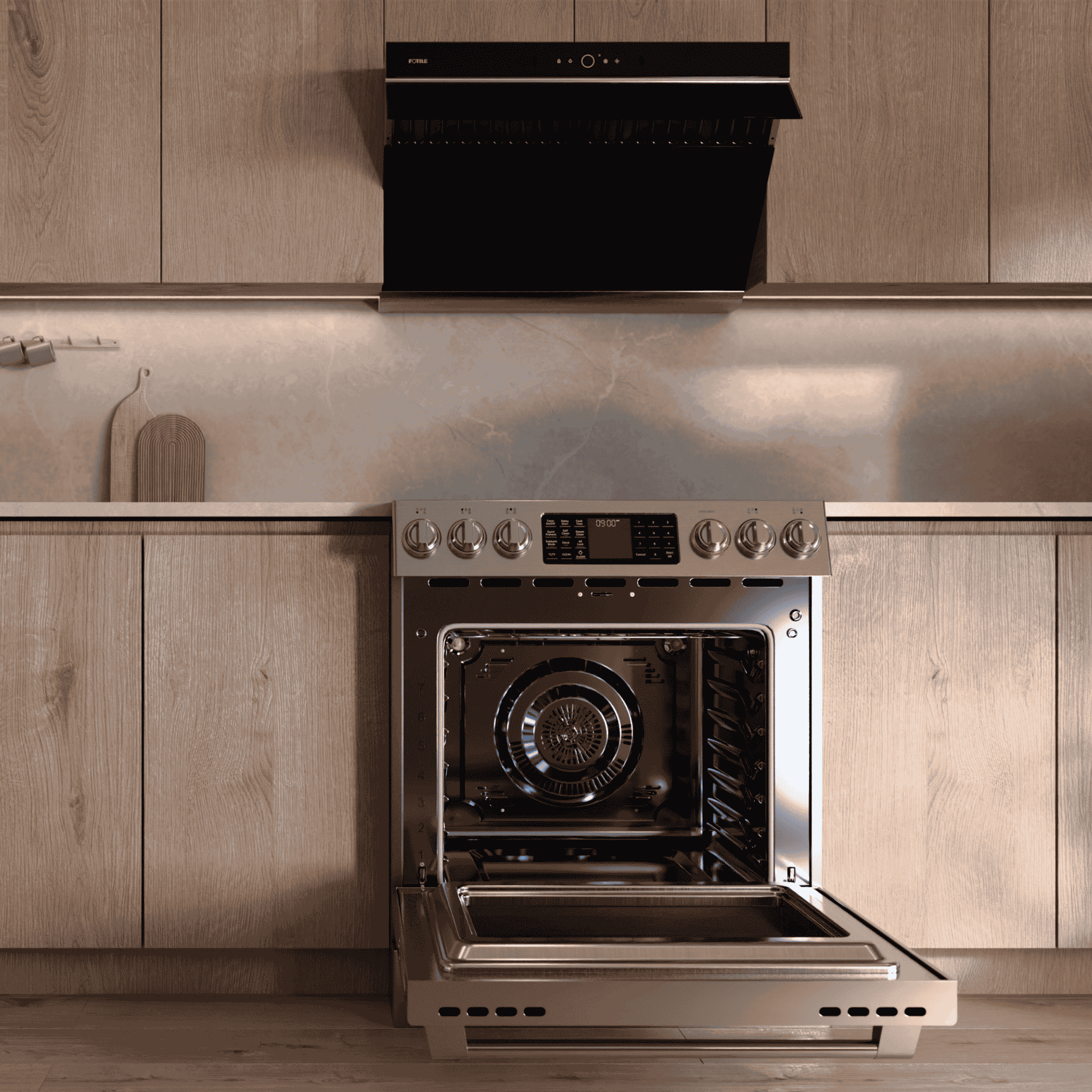 Slide-in electric range with stainless door open, showing convection fan inside