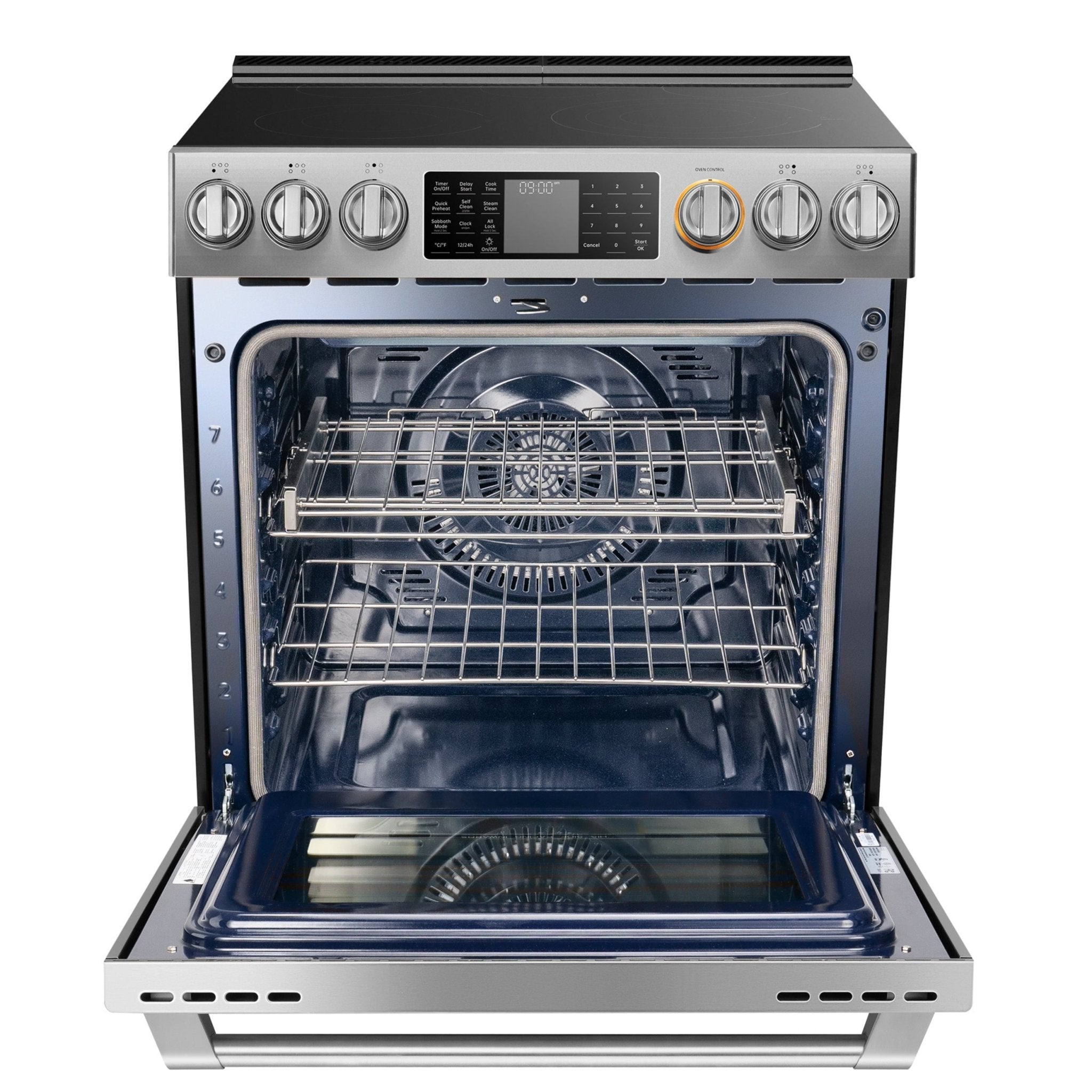 Stainless steel electric slide-in range with open oven door and wire oven racks